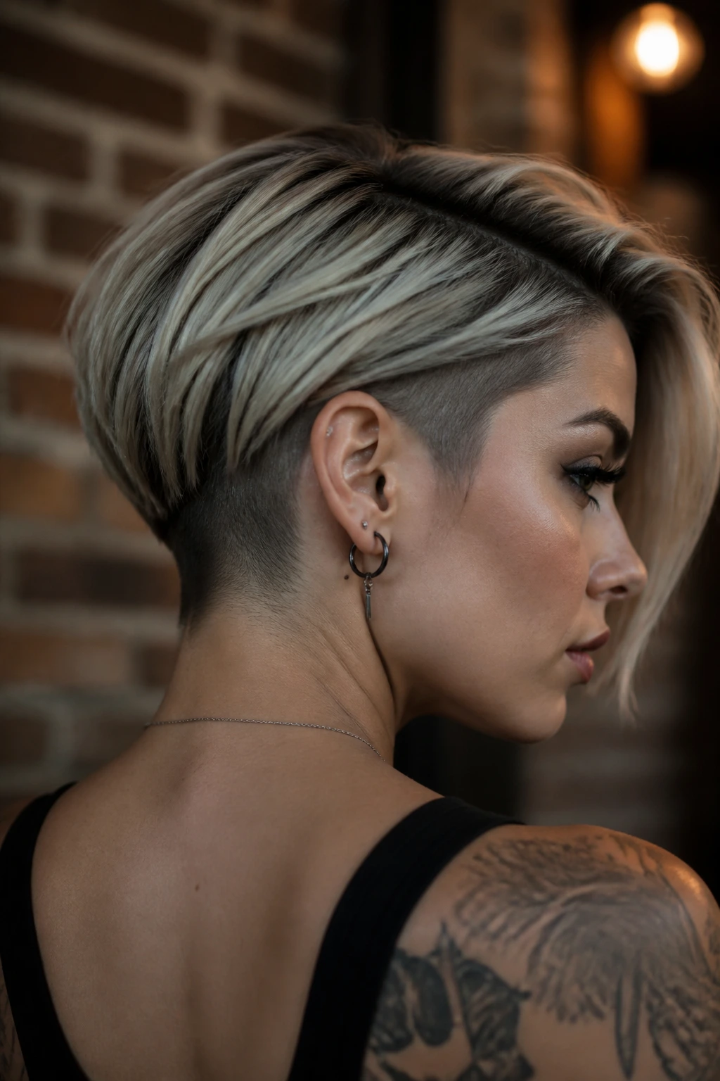 Real woman with edgy stacked bob and shaved undercut in moody urban setting