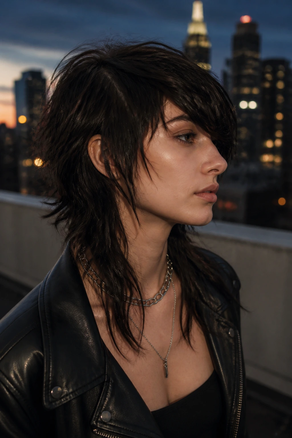 Portrait of a real person with edgy wolf cut and deep side bangs on a rooftop at dusk