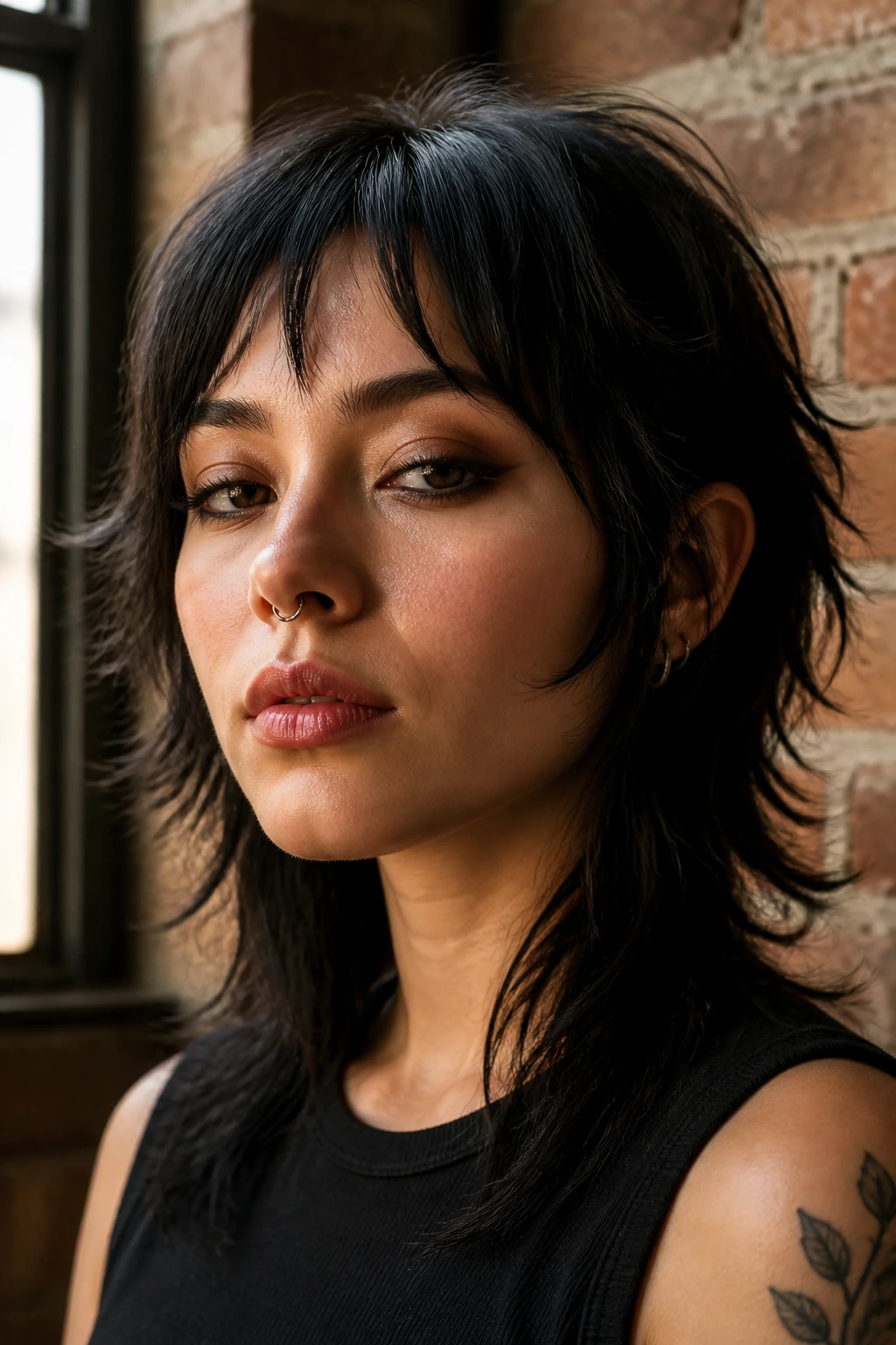 Portrait of person with edgy wolf cut and micro curtain bangs in urban loft