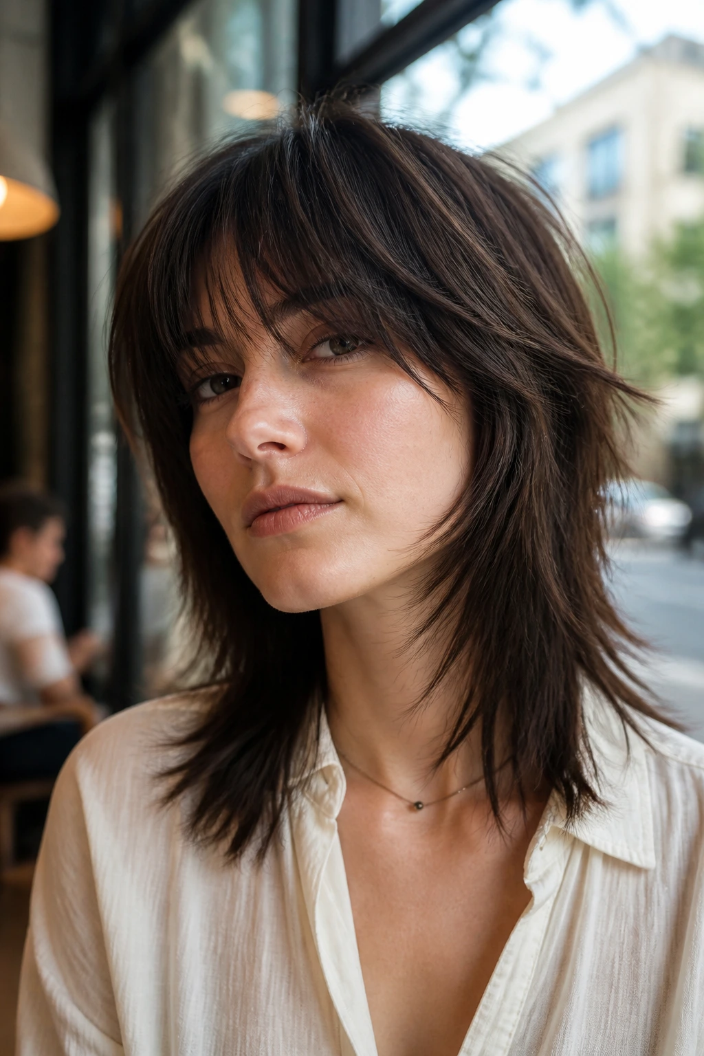 Portrait of person with edgy wolf cut showing defined edge
