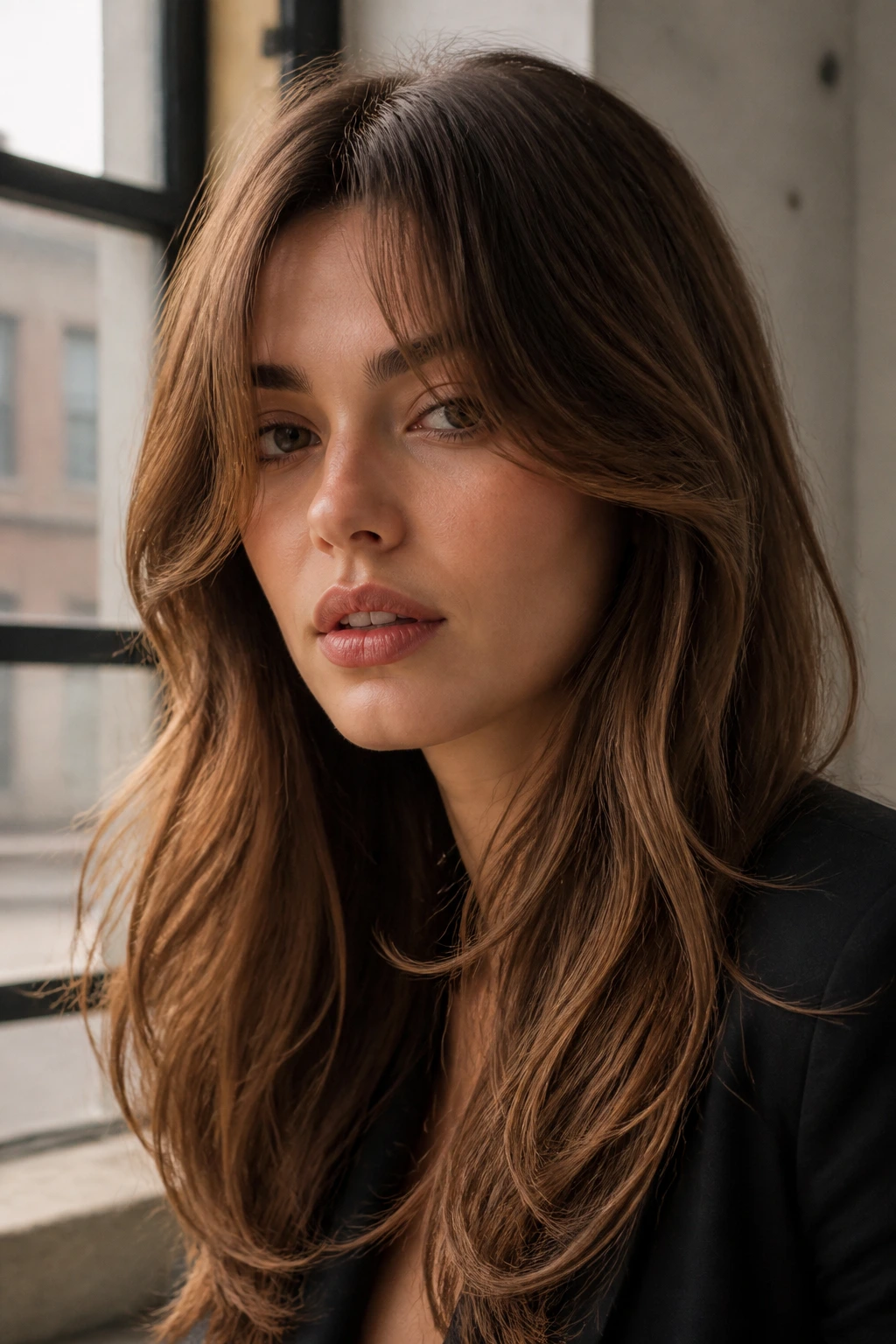 Close-up of a real person with editorial curtain bangs and long layers