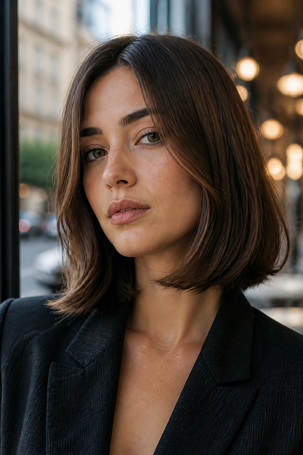 Close-up portrait of a real woman with editorial lob and end bend