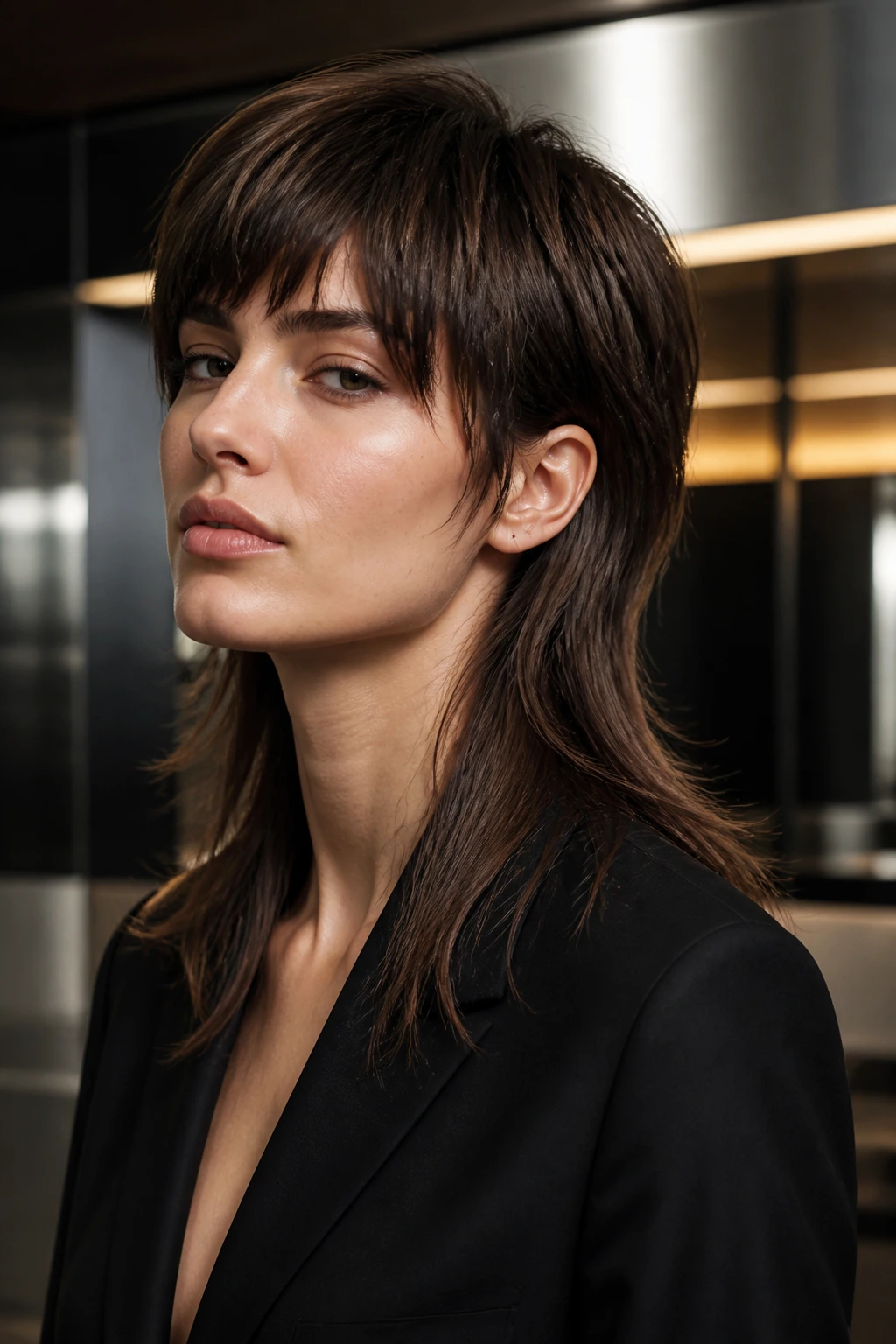 Portrait of a real person with polished editorial mullet and glossy finish.