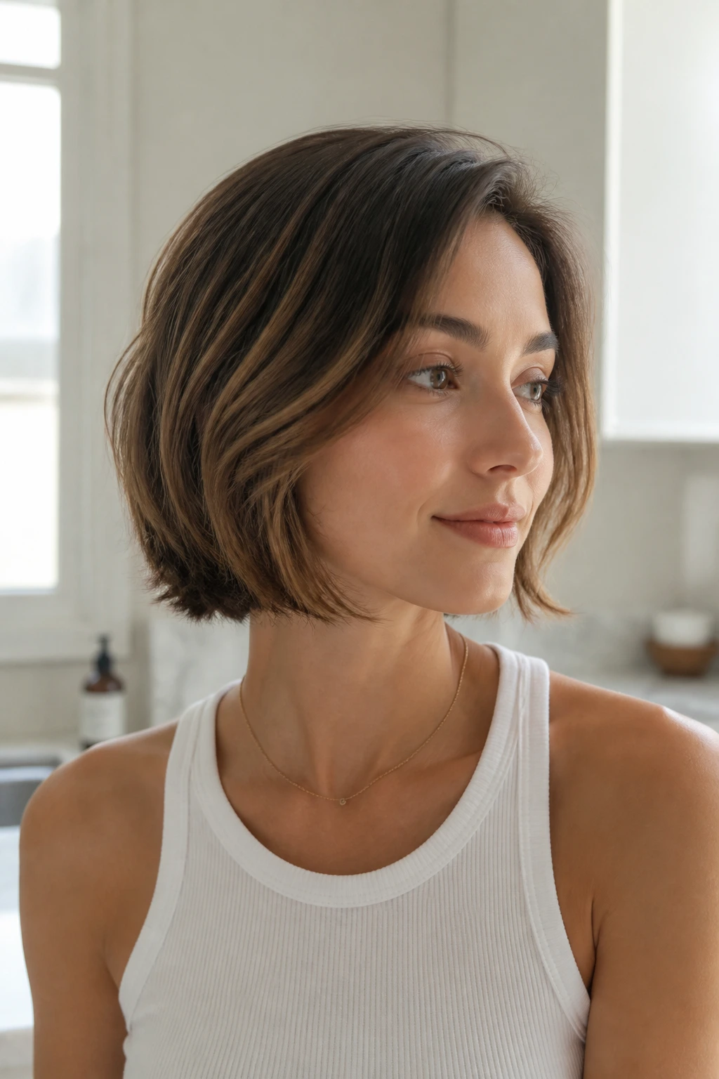 Portrait of a woman with a low-maintenance bob in morning light
