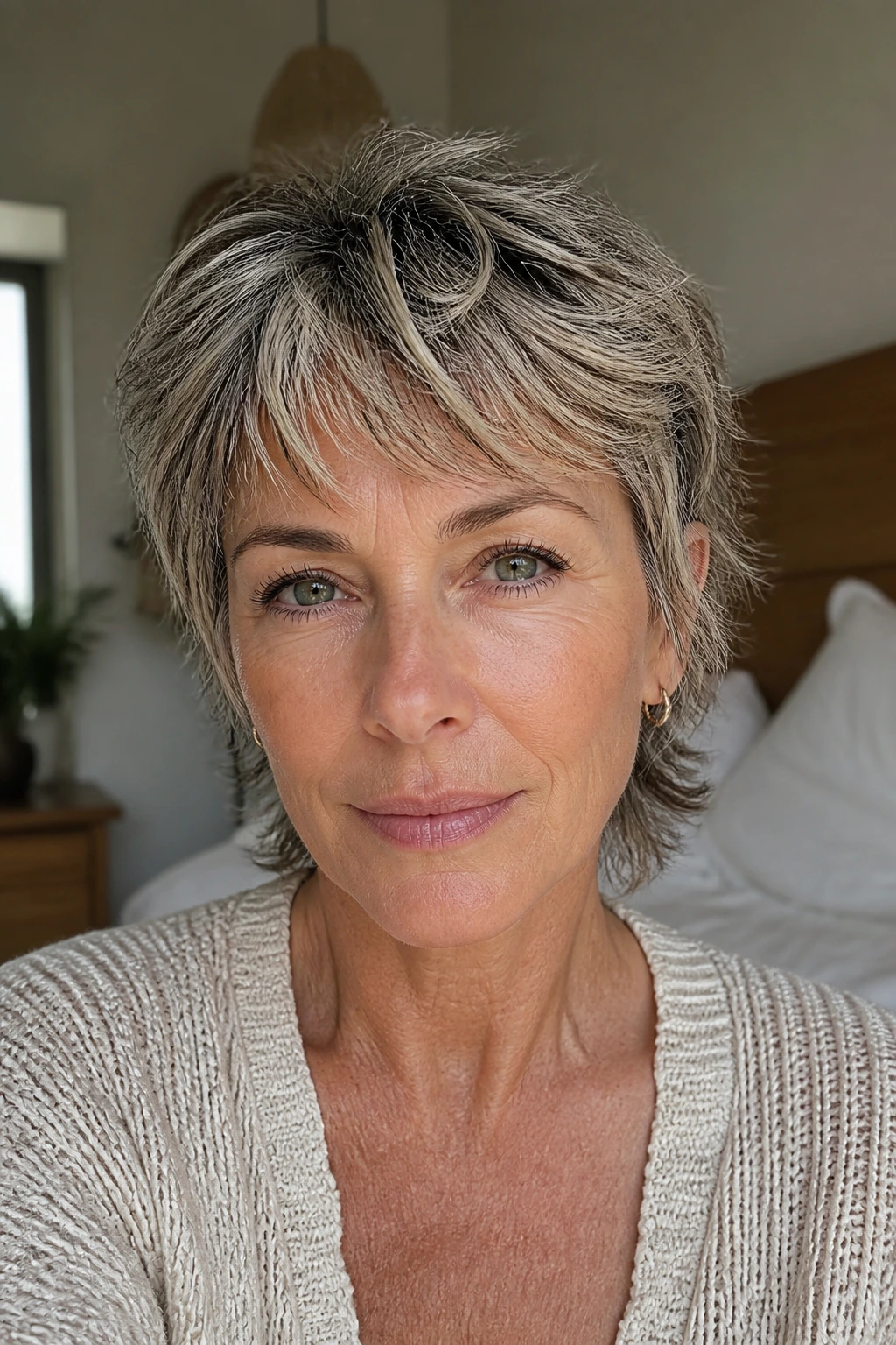 Real woman with effortless pixie mullet in cozy setting