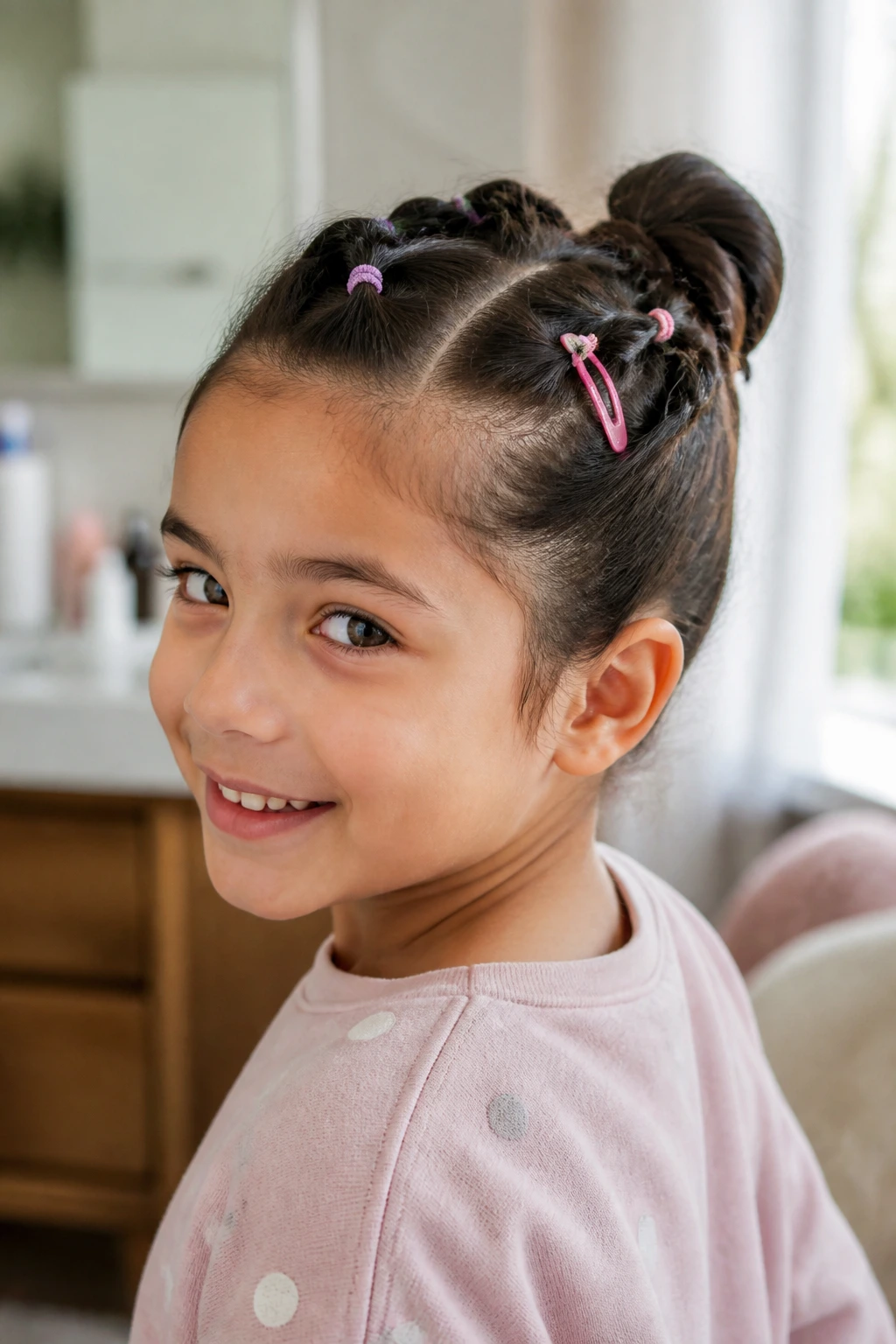 Portrait of a child wearing a neat hairstyle secured with snag-free elastics and small clips.