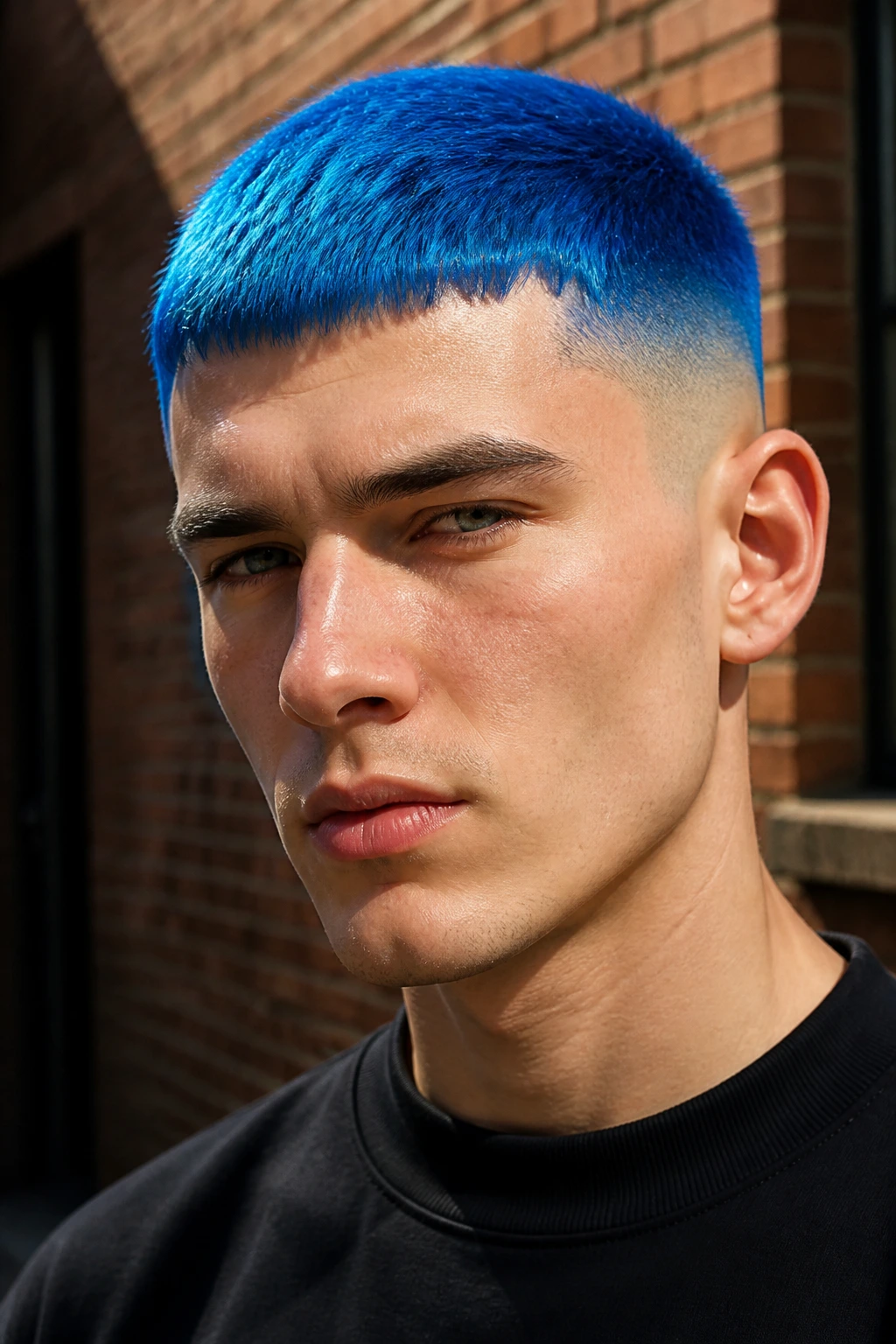 Close-up of man with electric blue crop haircut in an urban courtyard