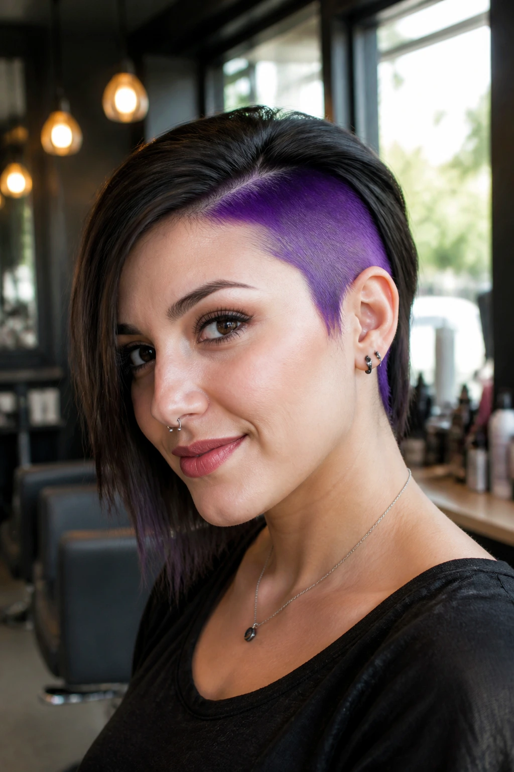 Close-up portrait of a real woman with an electric purple undercut visible beneath dark hair