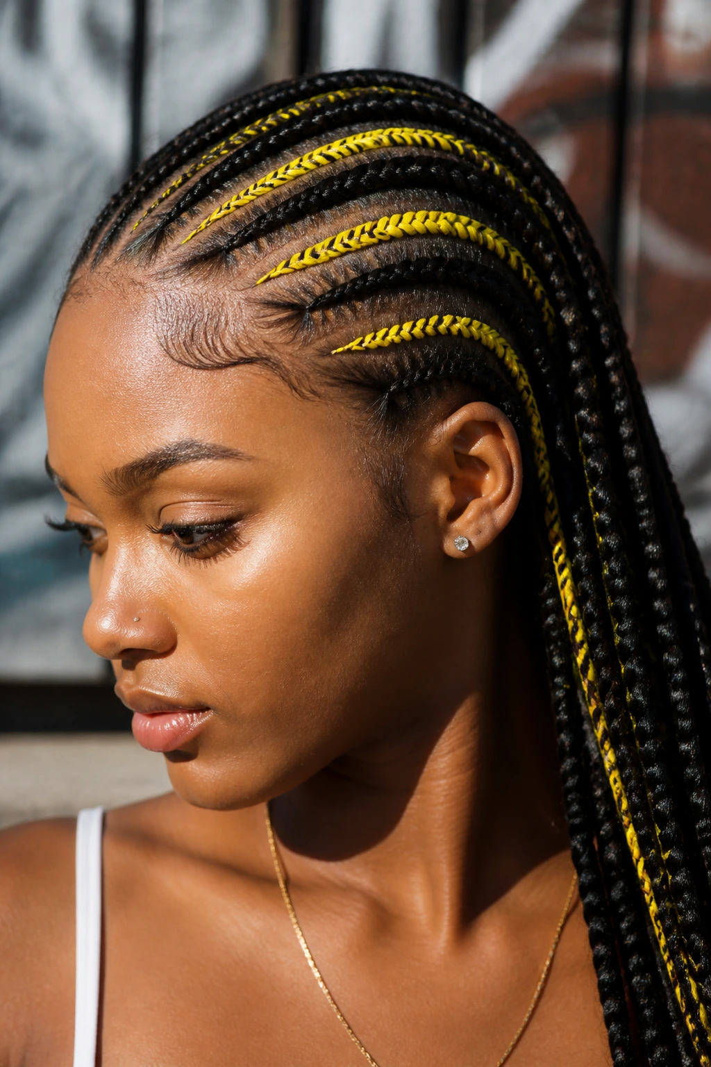 Close-up of a real woman with electric yellow accent cornrows outdoors