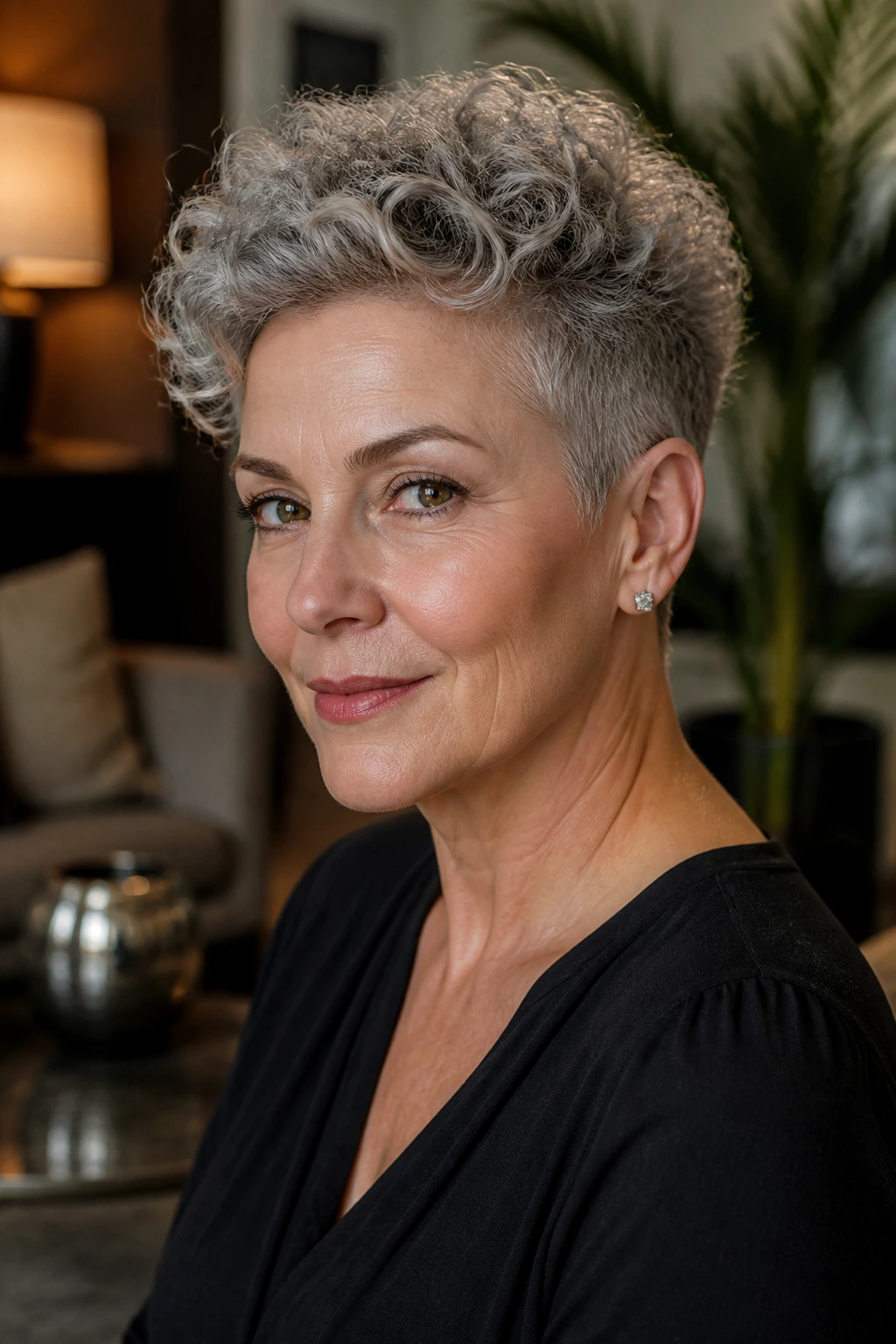 Real woman with elegant close-crop perm and voluminous top in warm living room light.