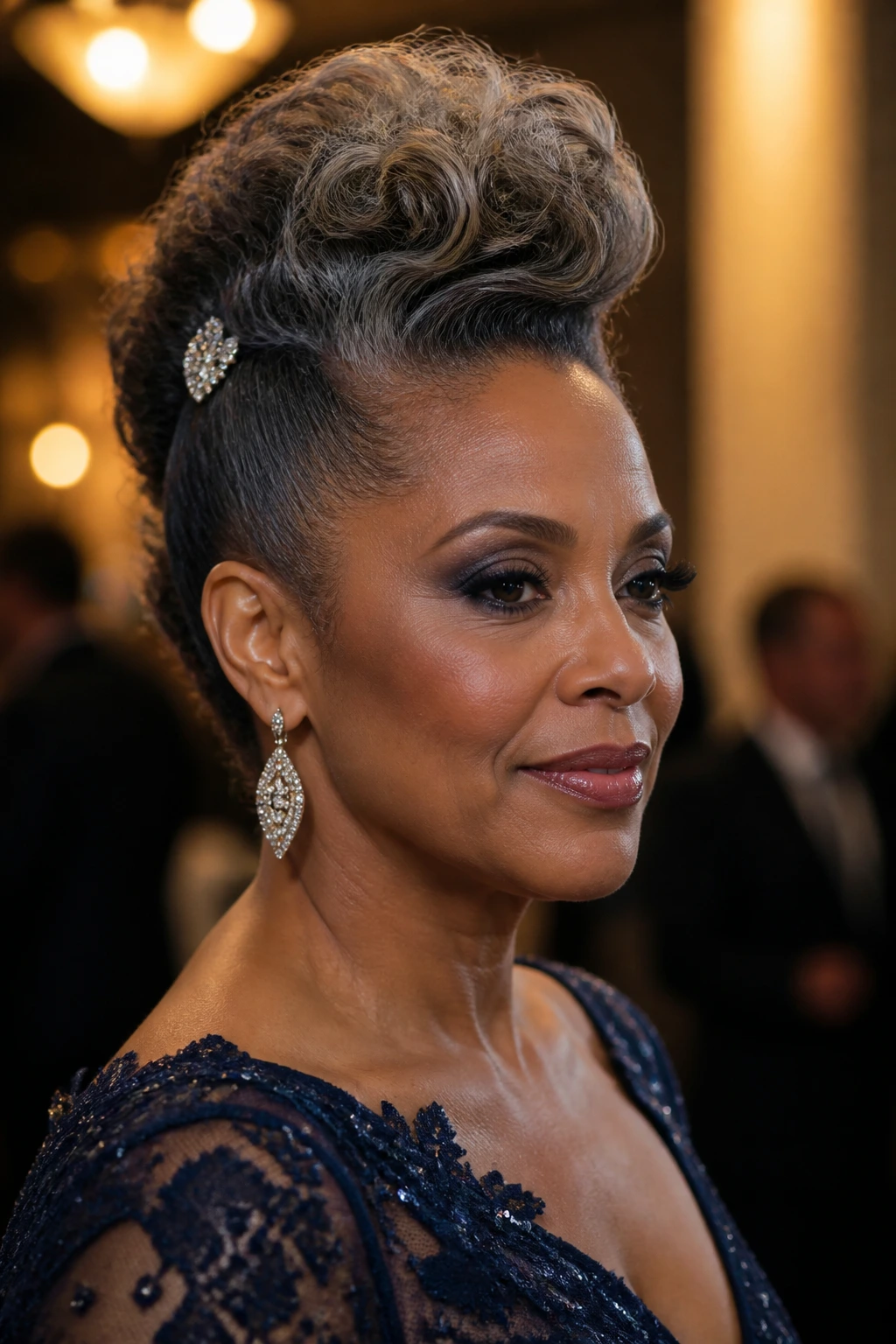 Close-up portrait of a real woman wearing an elegant evening frohawk with a center ridge and single pin in warm event lighting