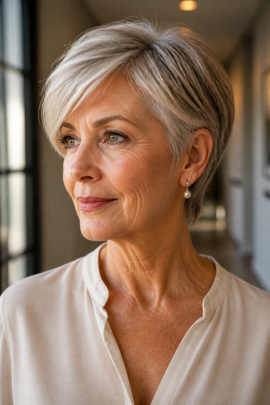 Portrait of a mature woman with elegant long crop and nape taper