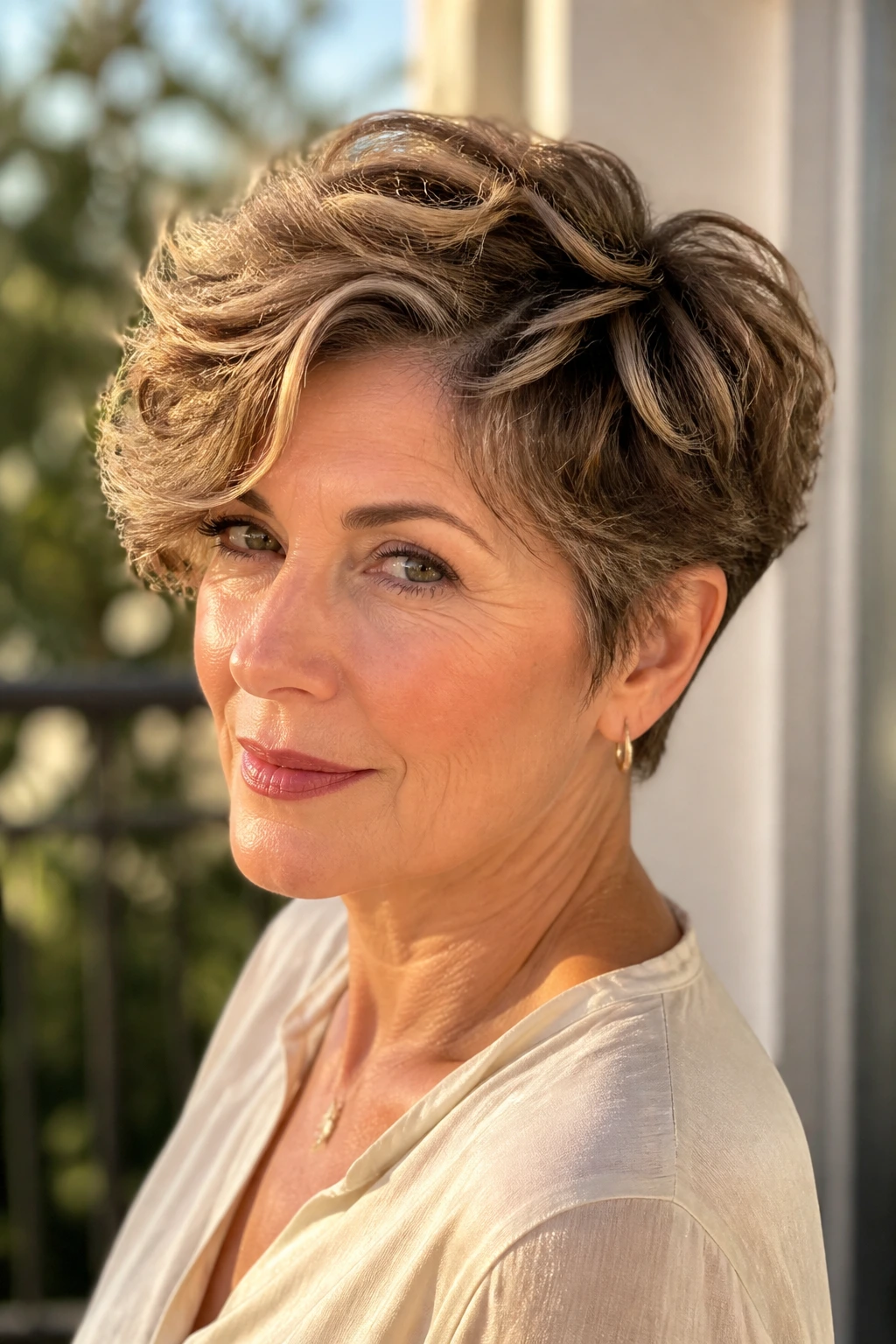 Portrait of a woman with an elegant wavy pixie and longer top in sunlit outdoor setting