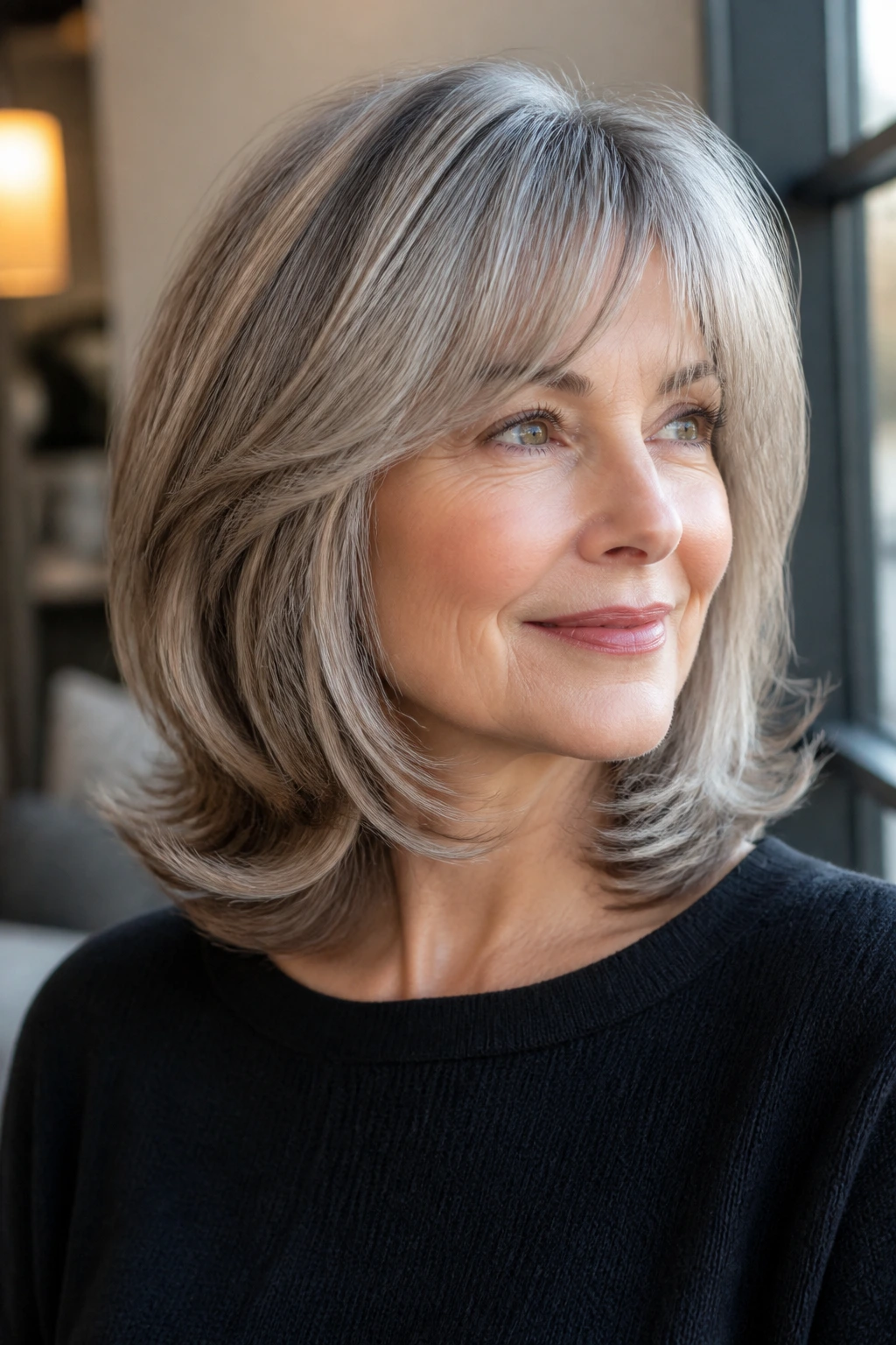 Close-up of a real woman with Elegant Shag with Polished Ends showing sleek, polished edges.