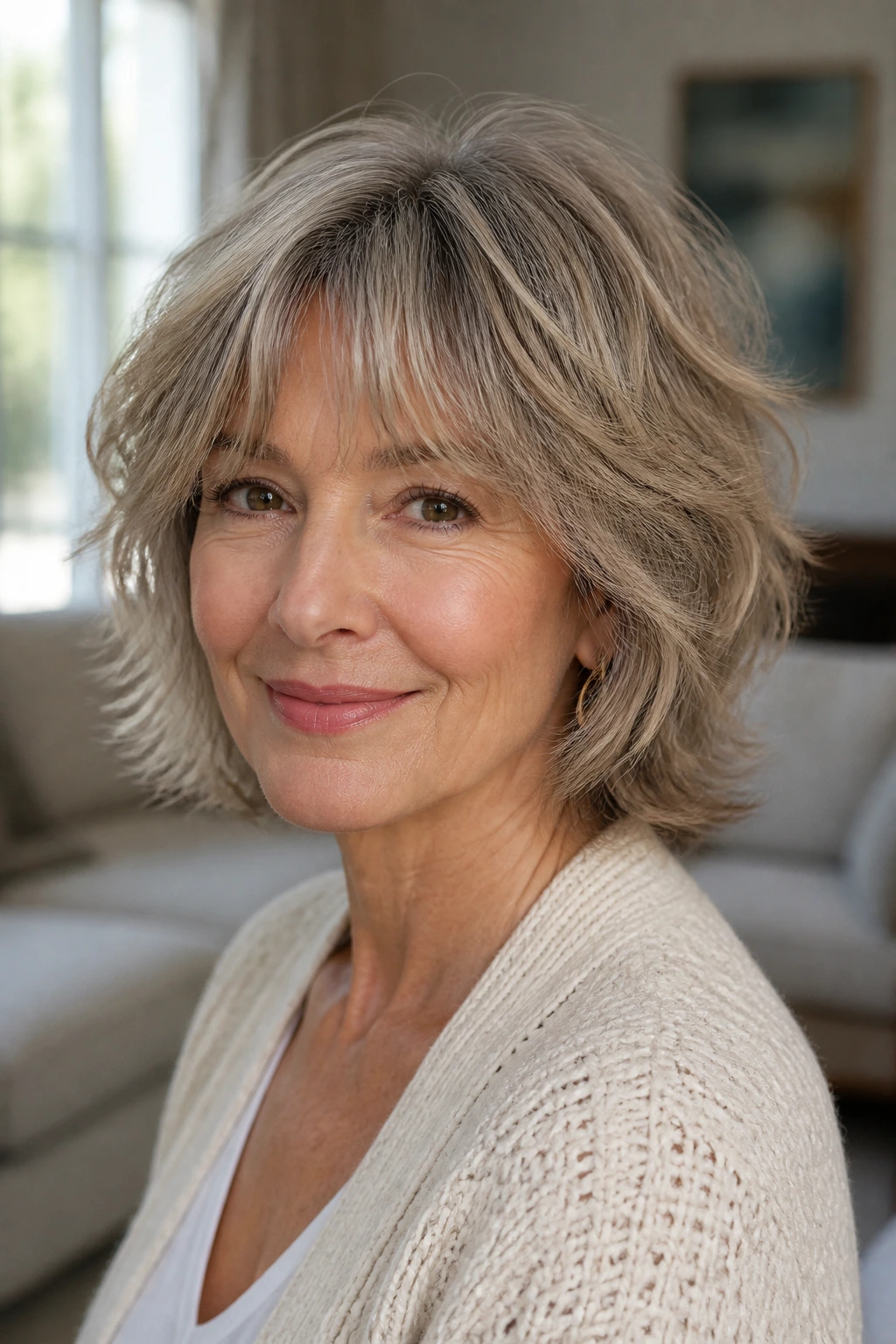 Real woman with an elegant soft-end shag in a bright living room setting.