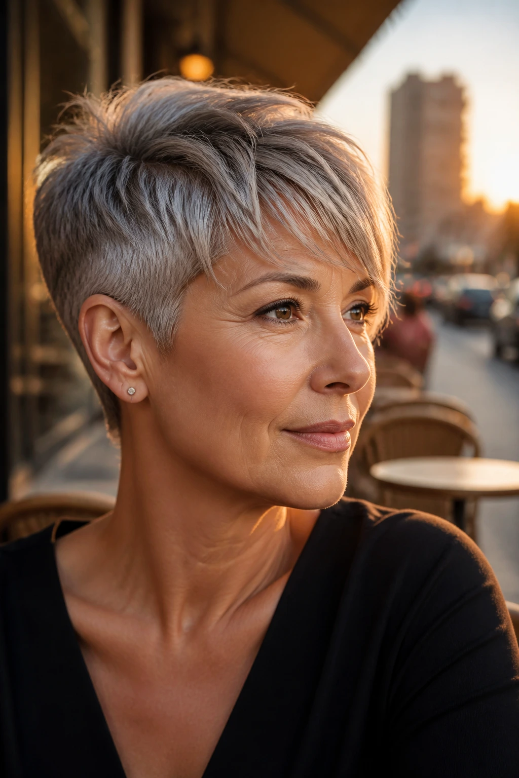 Close-up portrait of a real woman with elegant taper and long fringe in sunset light