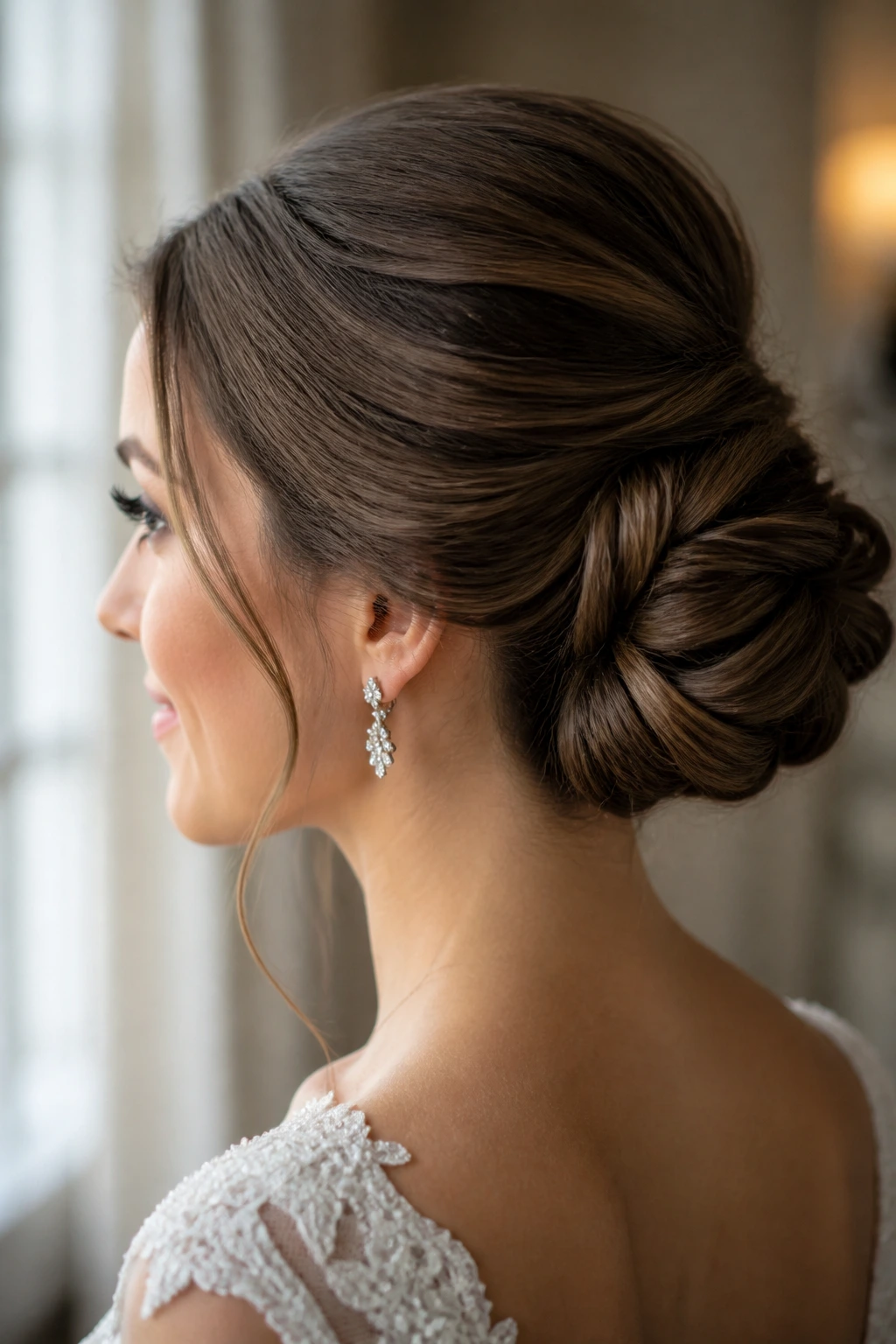 Side profile of real woman with elegant wedding chignon and hidden pins.
