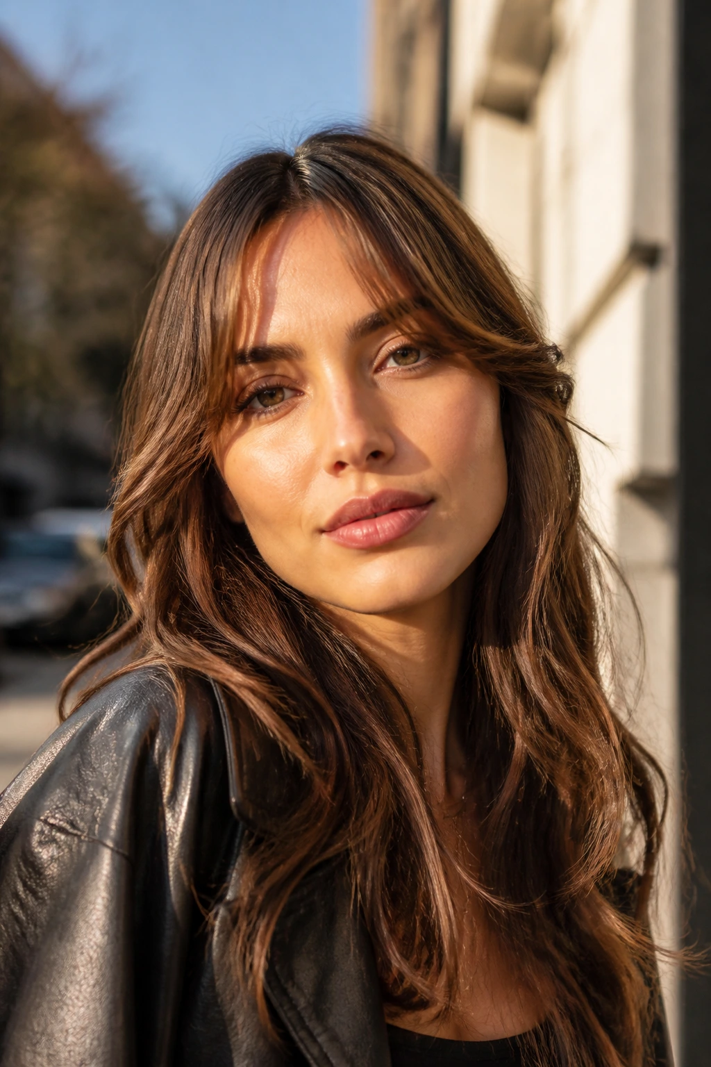 Close-up of a woman with elongated baby curtain bangs in outdoor light