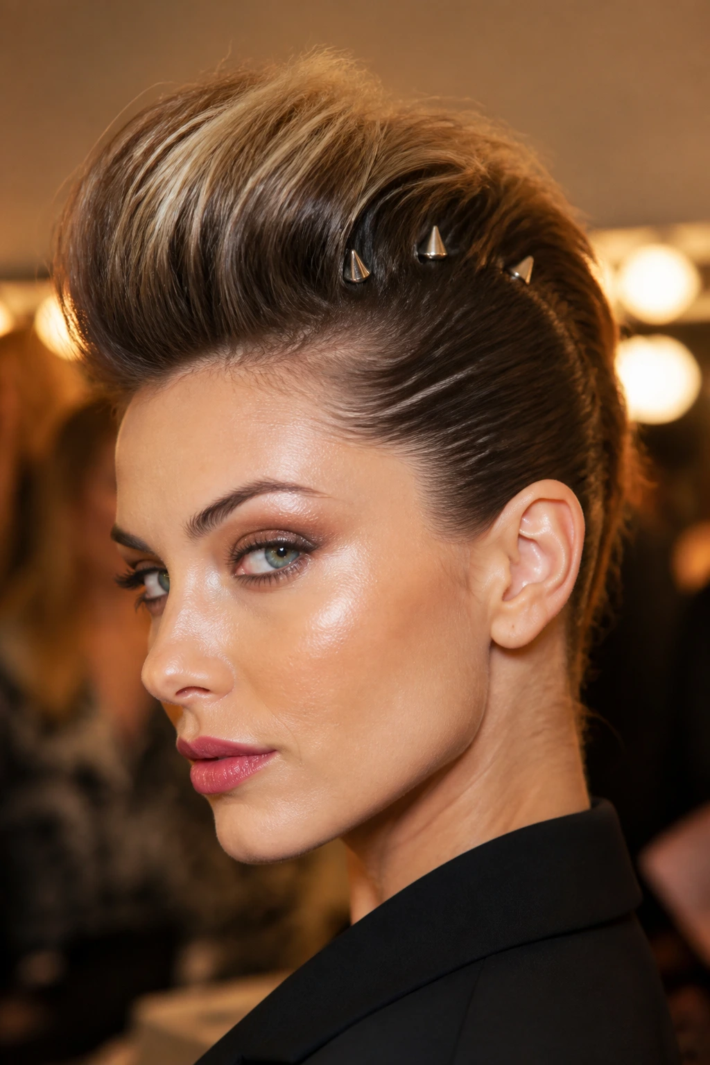 Close-up of an embellished faux hawk with metallic pins on a real woman's crown