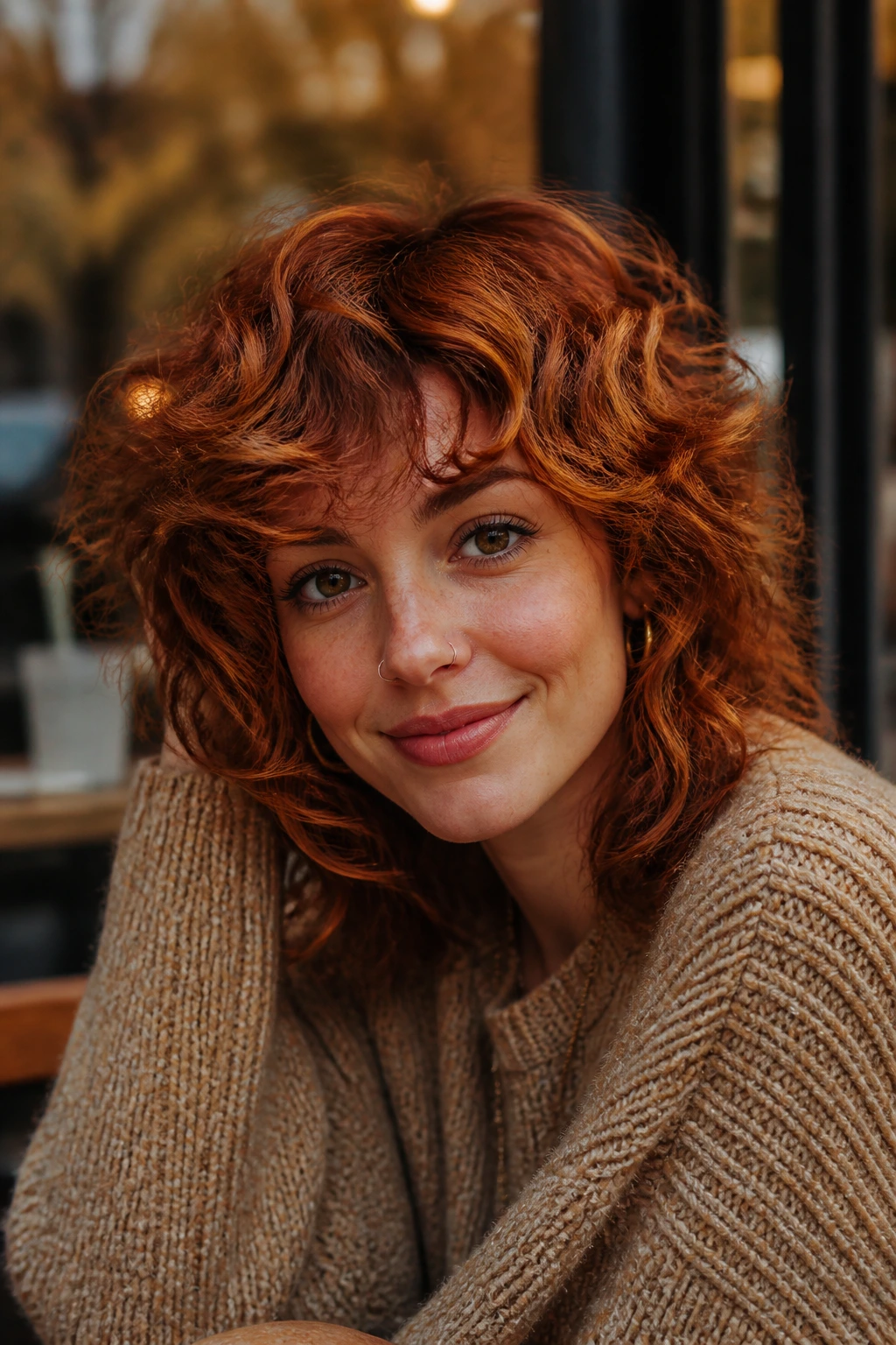 Close-up portrait of a real woman with ember red curly shag under autumn light