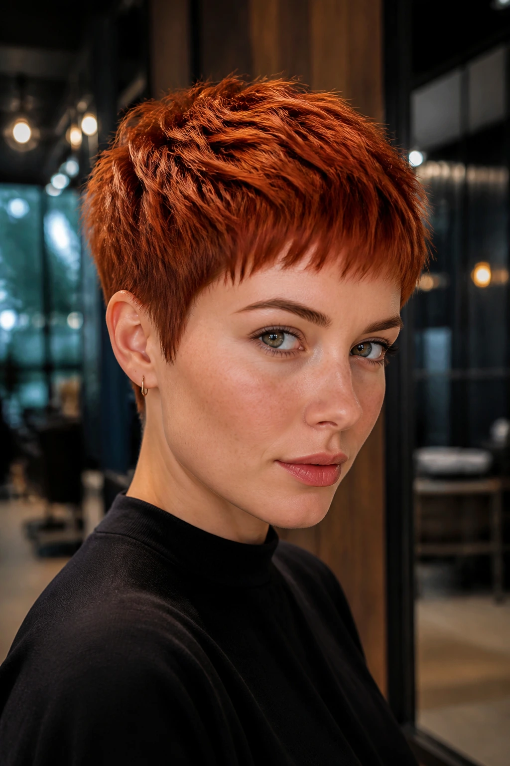 Close-up of a real person with ember red French crop showing color transition on top.