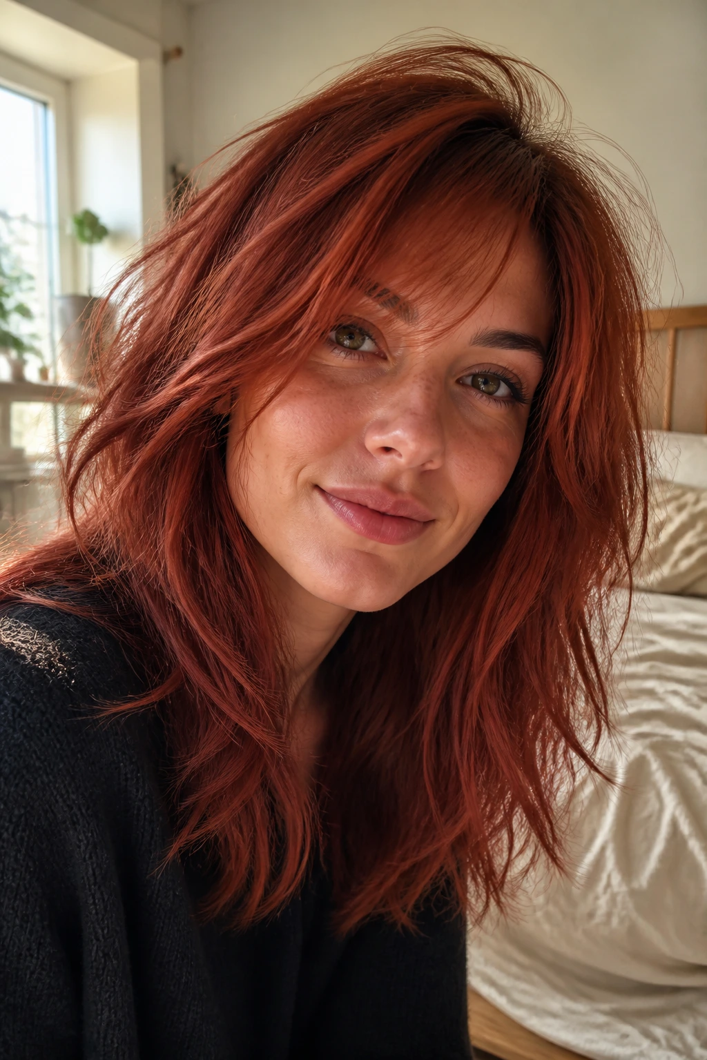 Close-up of Ember Red Mid-Length Shag on a real woman in warm window light