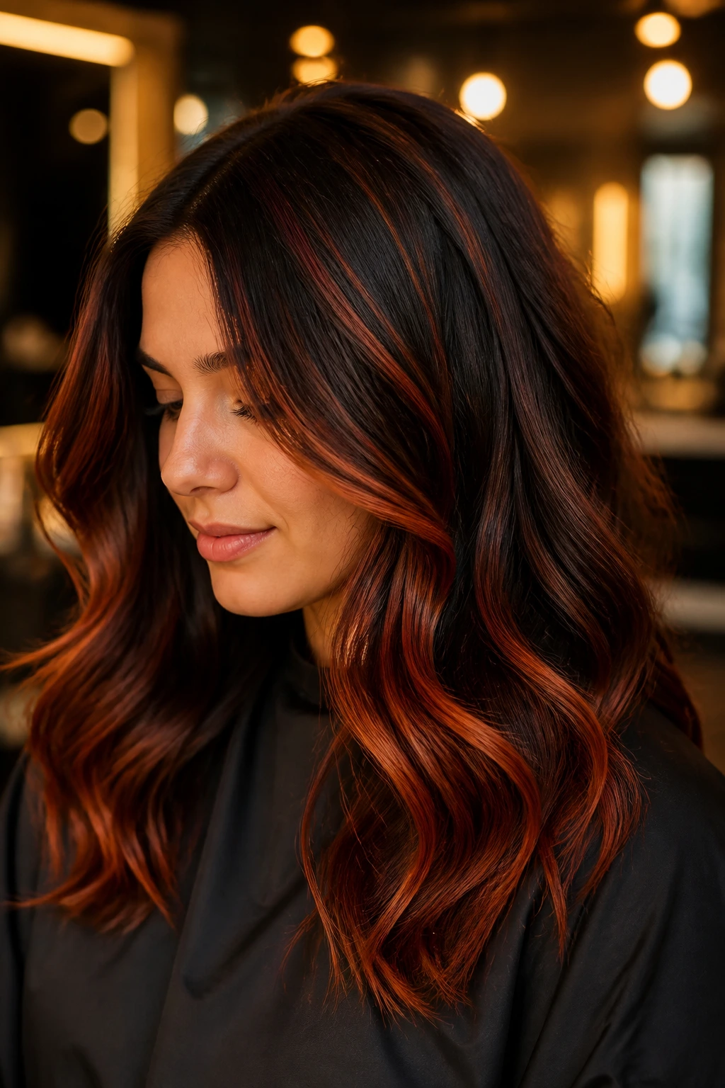 Brunette with emberline gloss showing red ribbons and glowing ends