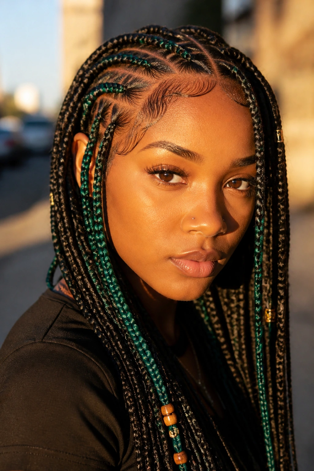 Close-up of a real person with emerald accent Fulani braids