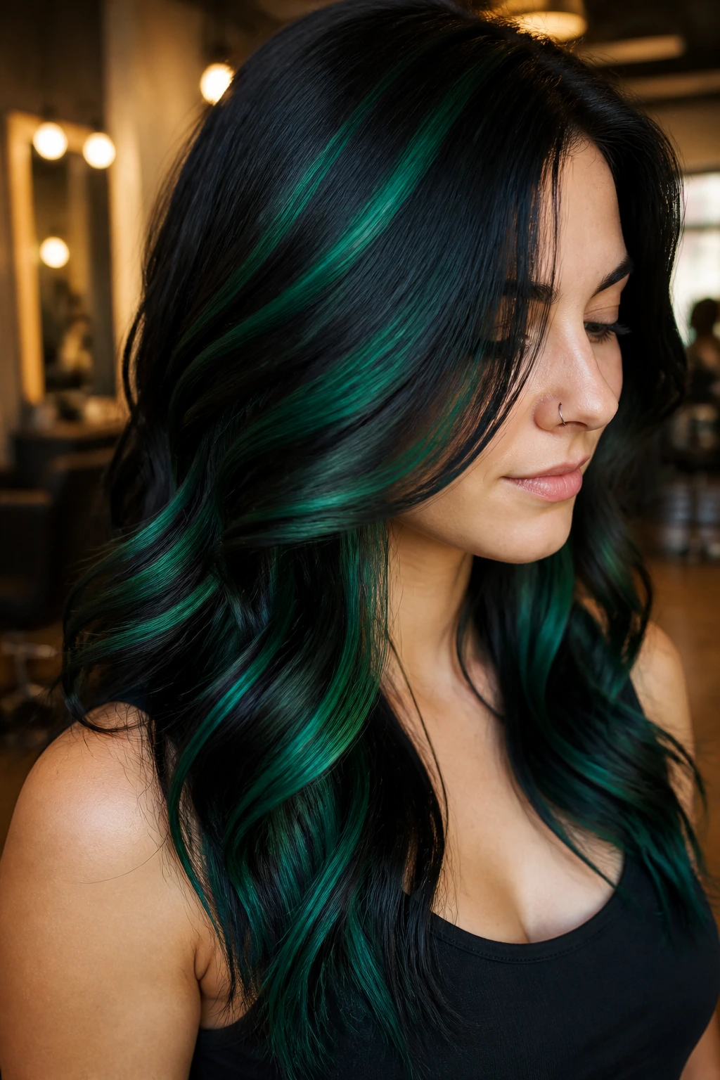 Close-up of black hair with emerald green ribbons woven through