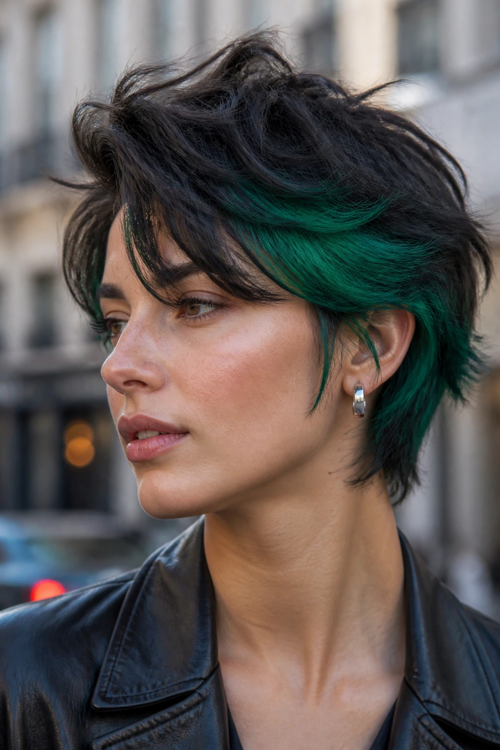 Portrait of real person with emerald peekaboo in bixie cut