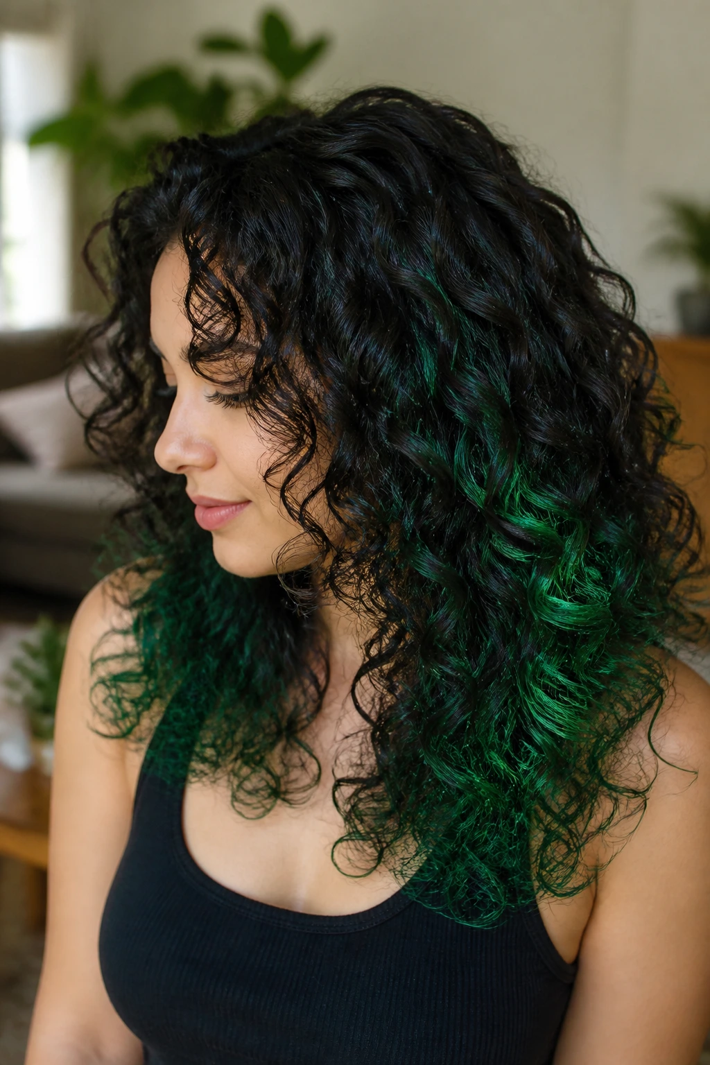 Curls reveal emerald underlayer beneath dark base color