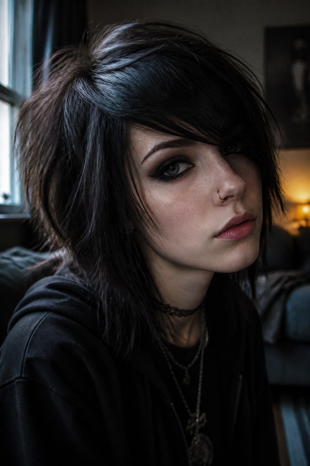 Close-up portrait of a person with emo-inspired side-swept shag
