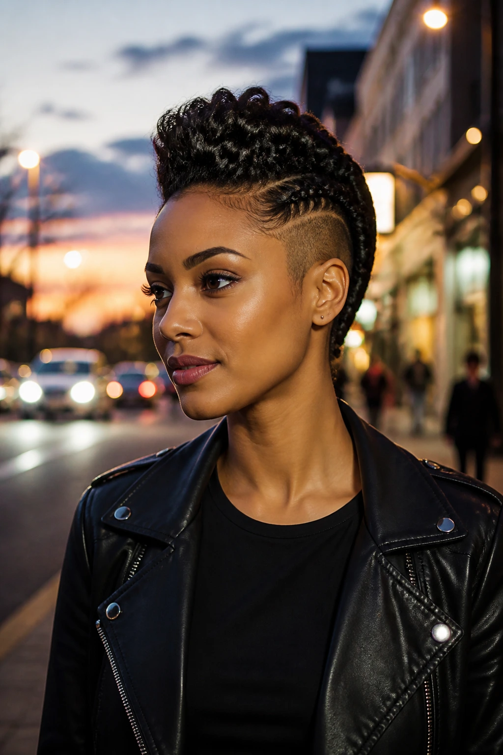 Portrait of a woman with a long-lasting faux hawk in an urban evening setting.