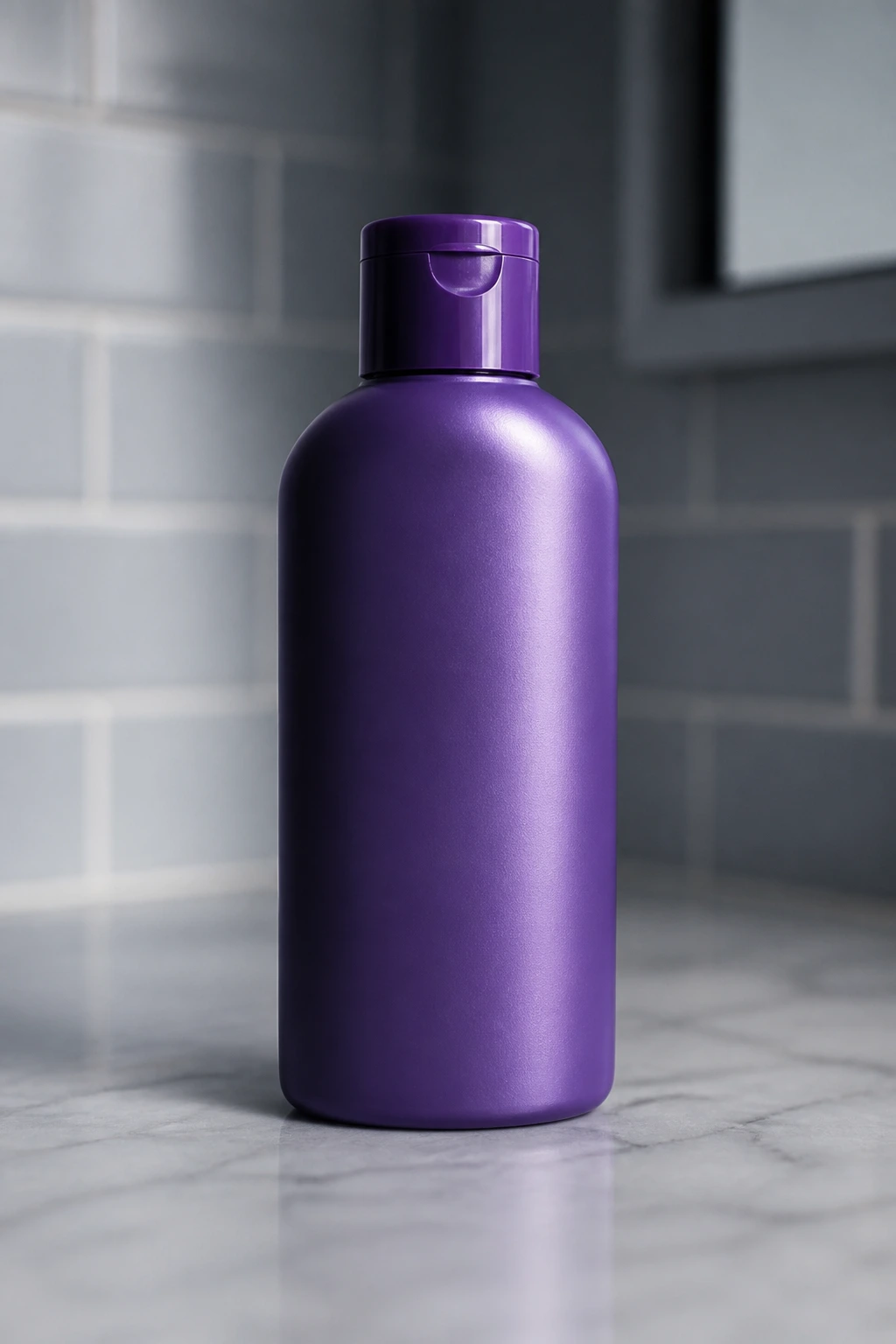 Generic purple shampoo bottle with no label on blurred bathroom counter