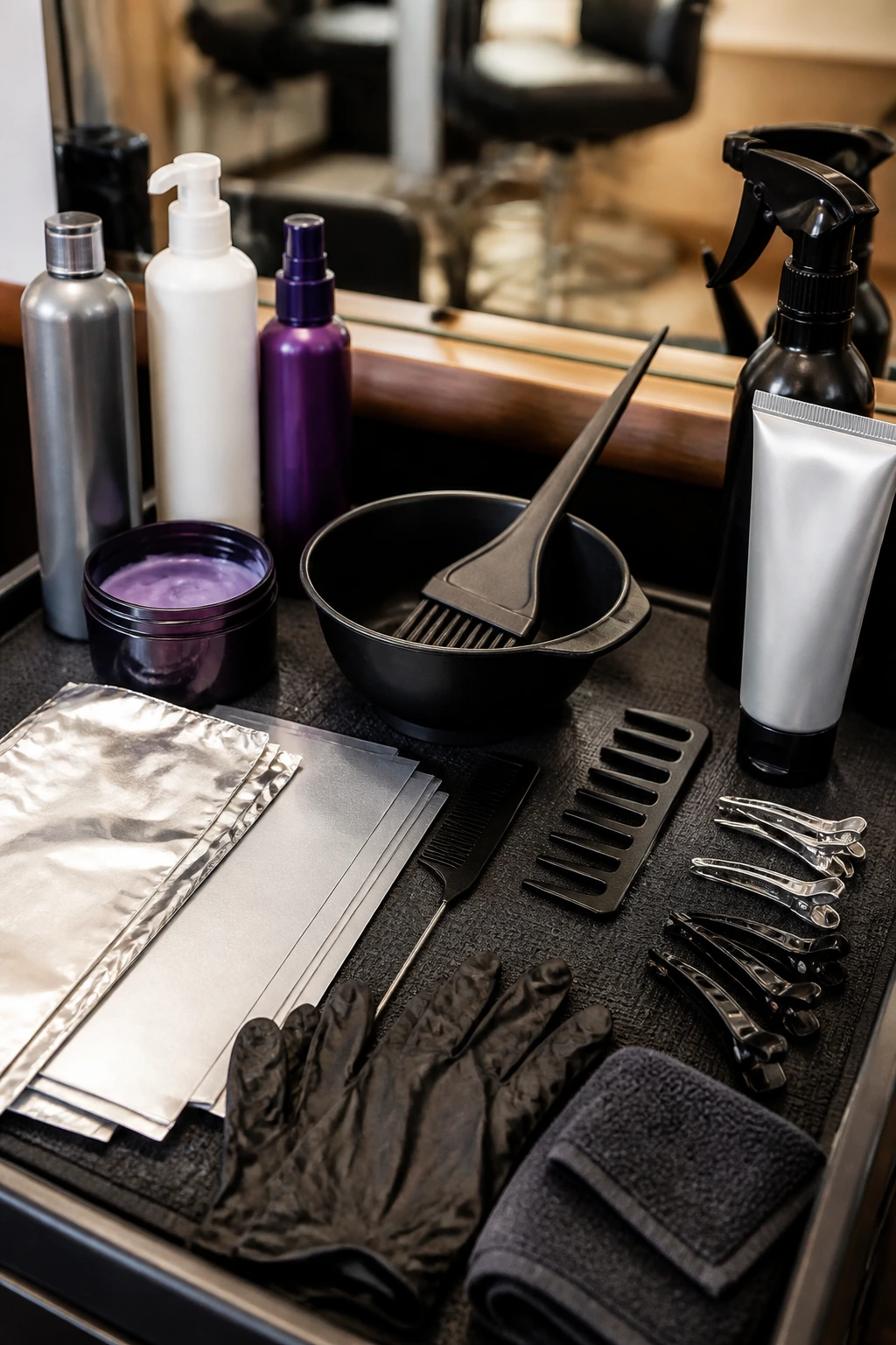 Close-up of an organized toolkit for gray hair tinting and styling
