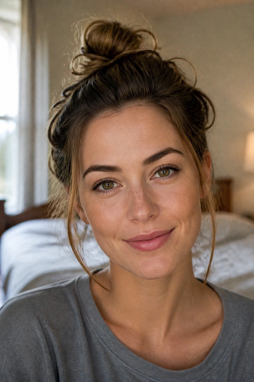 Errand-run bun on a real woman with relaxed, uneven knot.