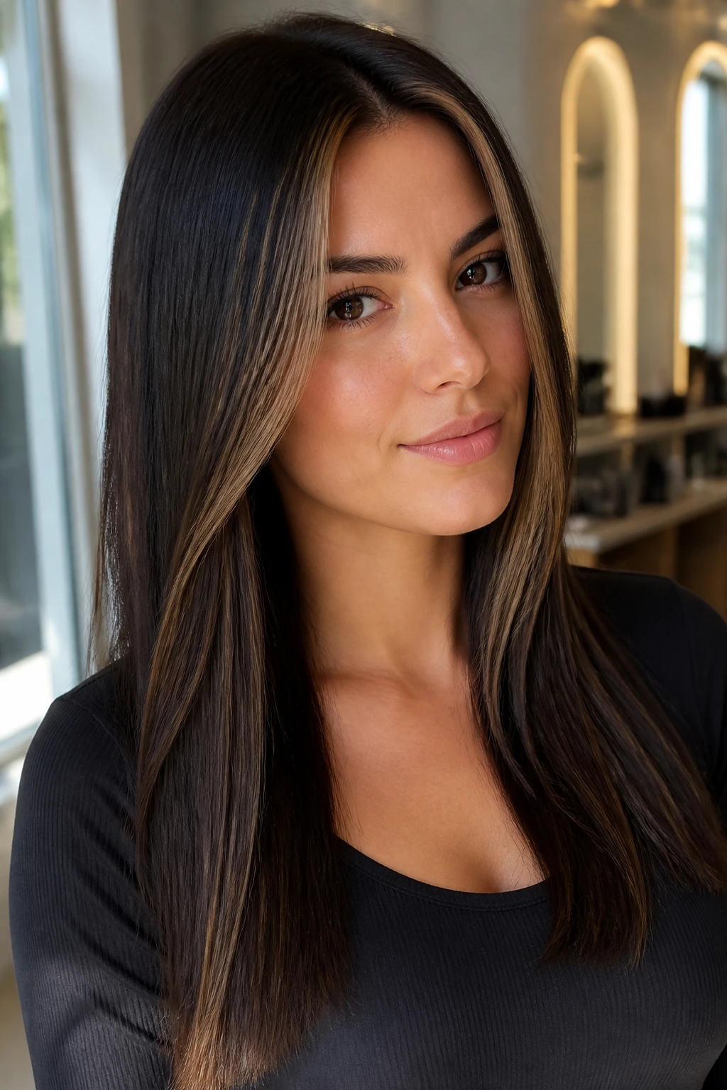Close-up of a real woman showing espresso and almond balayage ribbons framing the face