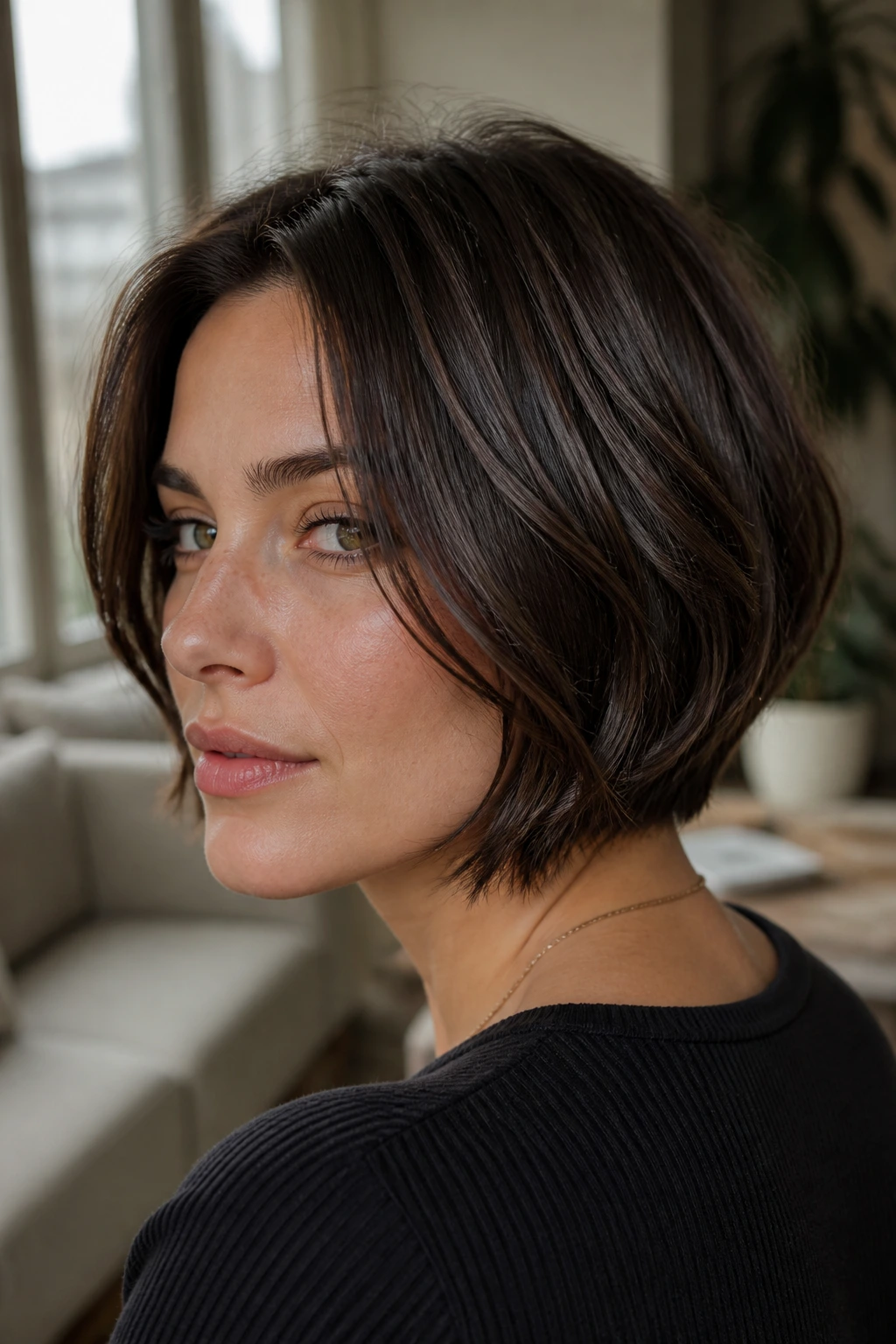 Portrait of a real woman with a cool espresso brunette short bob with ash mids.