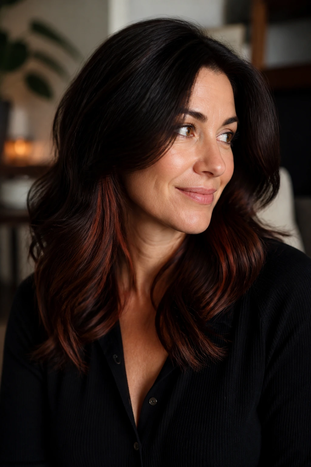 Real person with rich espresso hair and auburn underlights close-up
