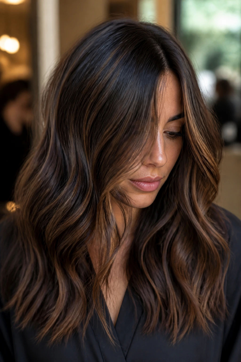 Close-up of a real woman with espresso-to-cocoa babylights adding depth in a warm salon