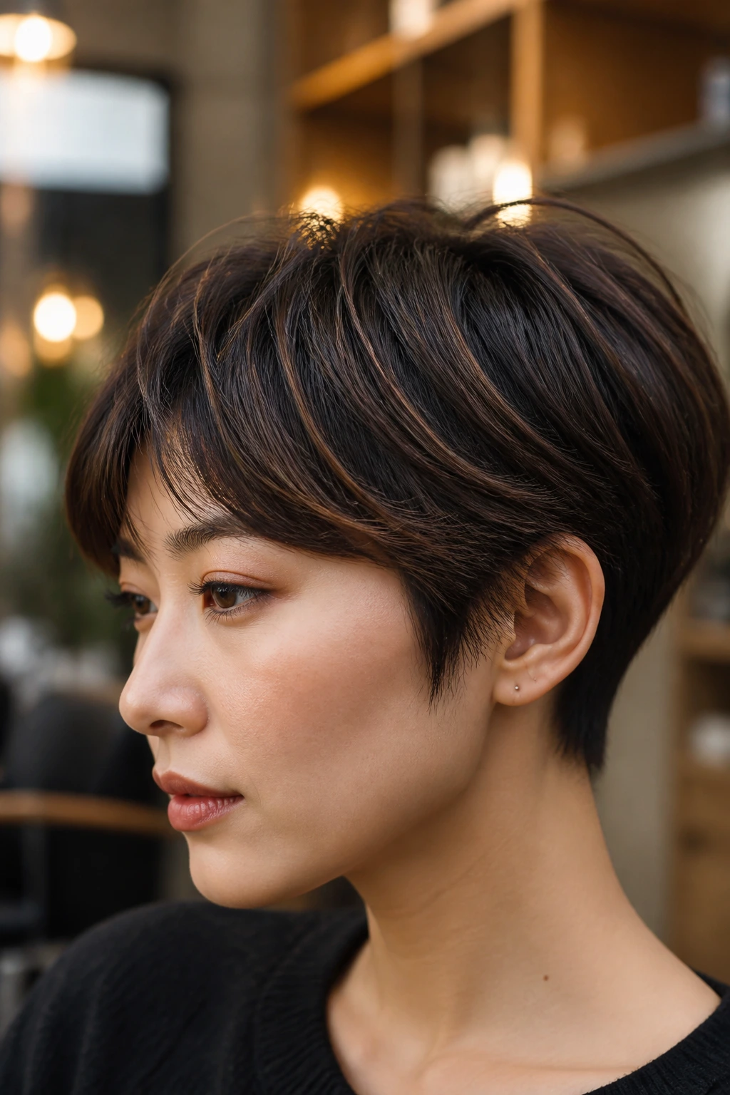 Real woman with pixie cut and espresso babylights