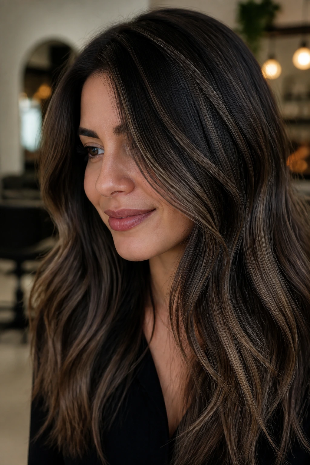 Portrait of brunette with espresso base and beige highlights
