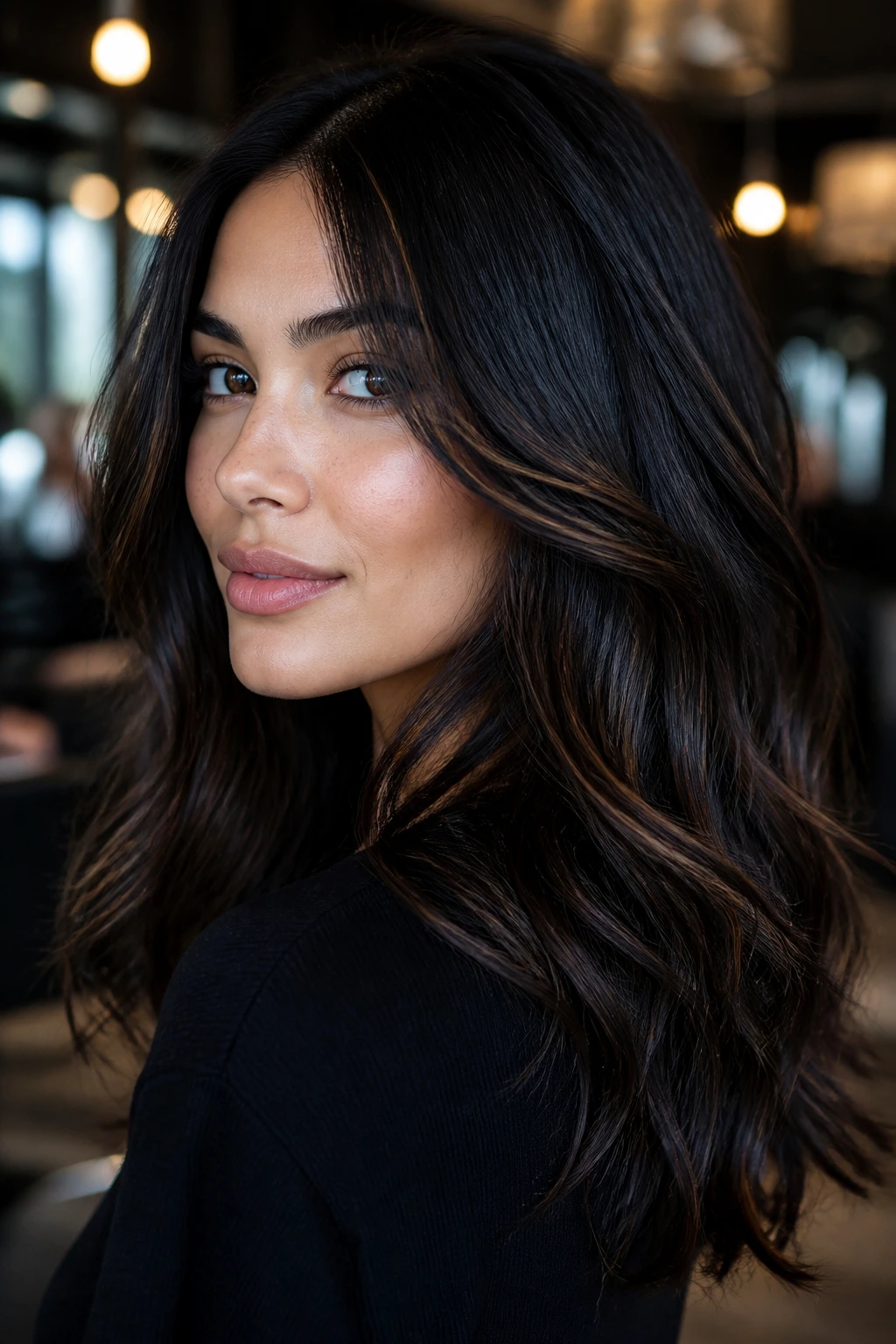 Close-up of a real woman with espresso balayage on black hair, soft lighting