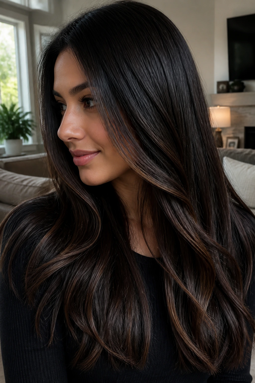 Real person with black base and espresso balayage ribbons in straight hair