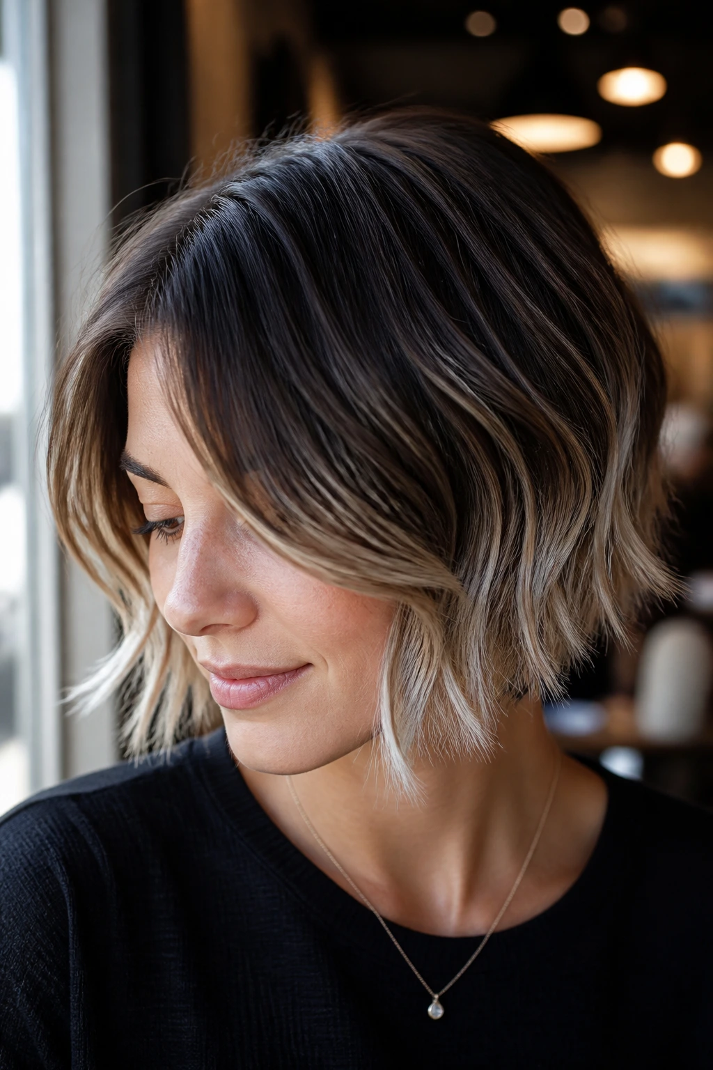 Close-up portrait of a real woman with espresso base and pearl ends in a short hairstyle