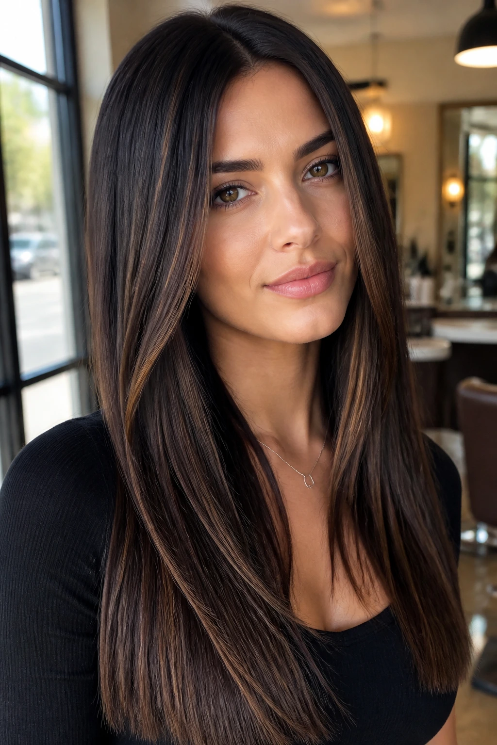 Close-up of dark brown hair with espresso ribbons and subtle root shadow