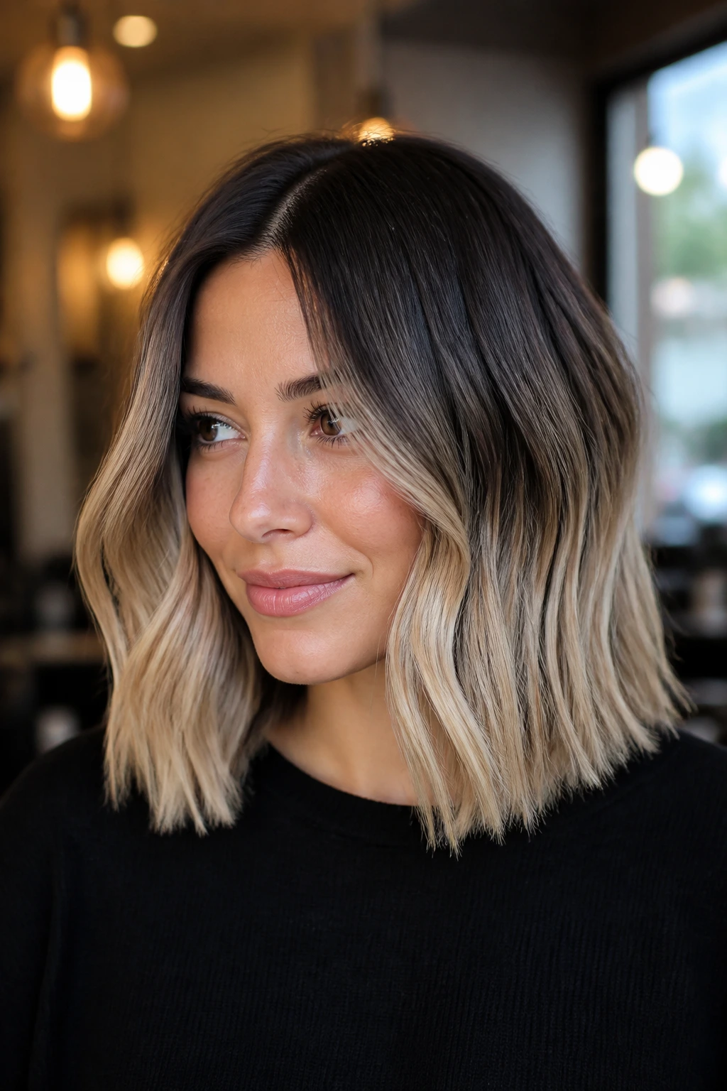 Beige blonde ends on a blunt lob with espresso roots in a modern salon setting