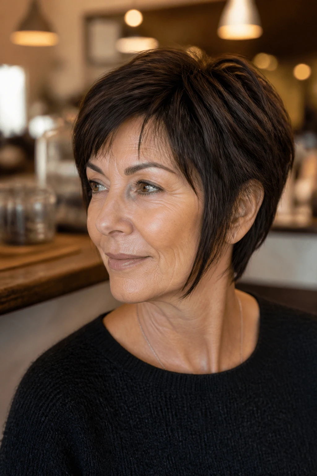 Portrait of a real woman with piecey espresso bixie showing textured top and longer sides