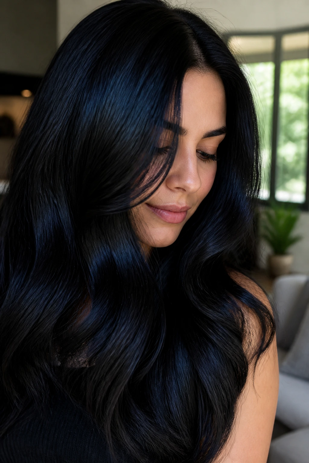 Close-up of a real woman with espresso black hair and blue-black shine