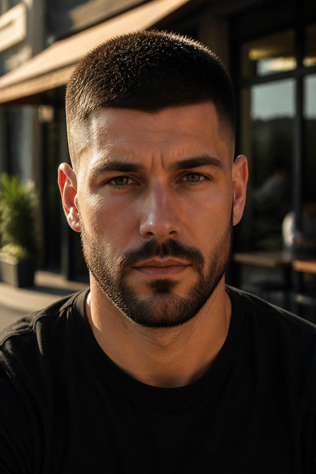 Close-up of a real man with Espresso Black Crew Cut in outdoor cafe light